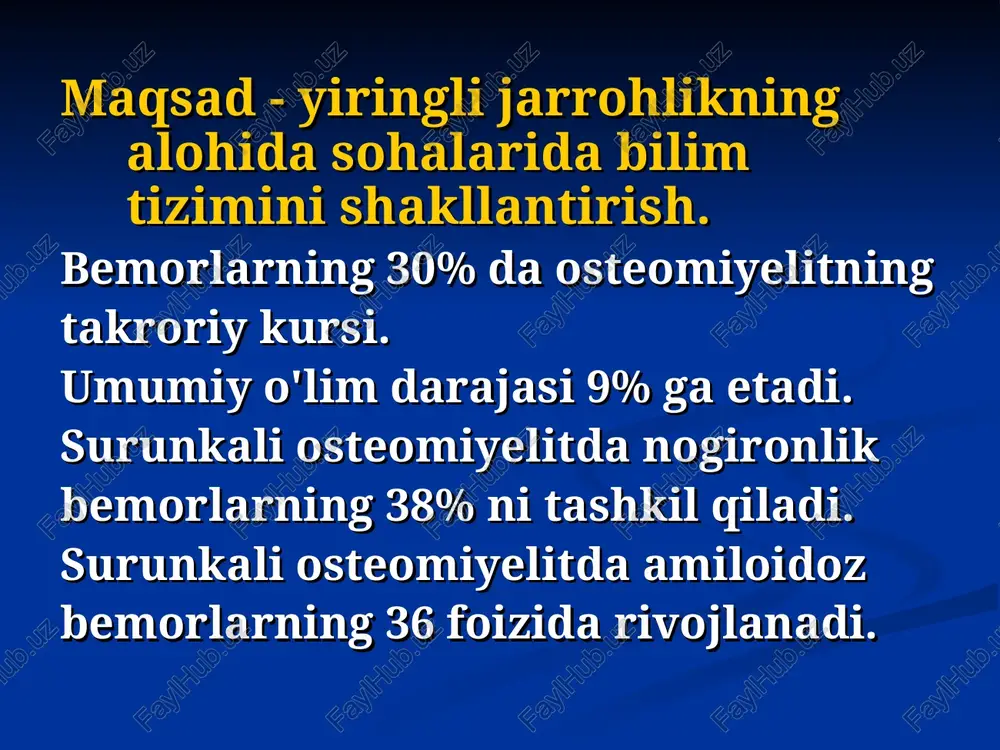 - sil kasalligi, - sifilitik. 0 17% etiologiya xirurgicheskoy infektsii lokalizatsiya vozbuditel obichno reje koja i p/k kletchatka st. aureus poverxnostnie mikozi str. pyogenes lyogkie i plevra st. aureus neklostrid. anaerobi klebsiella jelchnie puti i bryushnaya polost e. coli enterococcus neklostrid. anaerobi klebsiella enterobacter proteus spp. mochevie puti e. coli enterococcus, enterobacter proteus spp. pseudomonas uretra, pridatki i matka n. gonoreae chlamidia, bacteroides tr. palidum enterococcus, fusobacterium kosti, sustavi st. aureus n. gonoreae salmonella str. pyogenes * patogenez o'tkir gematogen osteomiyelit prodoljenie naychali suyakning nekrosekestratsiyasi rentgen-diagnostika osteomielita rentgenografiya kt izotopnaya stsintigrafiya kostey norma ochag osteomielita vibor antibakterialnoy terapii preparati gram – aerobi gospit. gram+ aerobi enterokokk anaerobi gram – gram + tsefalosporini 3 +++ ++ +++ + ++ ++ tsefalosporini 2 ++ + +++ + ++ ++ tsefalosporini 1 + – ++ – + – penitsillini polusinteticheskie ++ + +++ ++ ++ +++ aminoglikozidi novie +++ ++ + + + …
