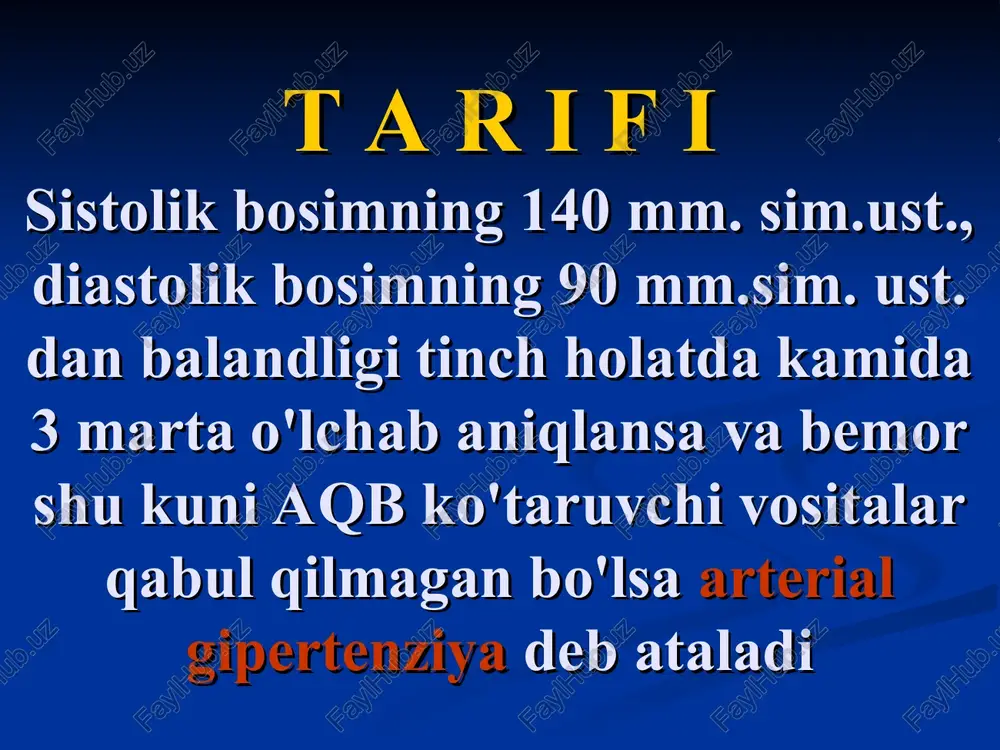mlar. qon tomir diametri va devori qalinligi nisbati (kernogan indeksi) normada (a) va gkda (b). gkda yurak chap qorinchasi miokardining kontsentrik (a) va ekstsentrik (b) gipertrofiyasi. t a s n i f i bsst, 1996 bosqichi mezonlar aqb nishon-azolar shikastlanishi i aqb ≥ 140/90 yo'q ii aqb ≥ 140/90 bor, azolar funktsiyalari buzilmagan holda iii aqb ≥ 140/90 bor, azolar funktsiyalari buzilishi bilan arterial qon bosimi darajalari tasnifi 2002 y kategoriya sistolik diastolik optimal 180 >110 izolirlangan sistolik gipertenziya >140 30% klinikasi shikoyatlari bosh og'rig'i bosh aylanishi xotira susayishi boshda shovqin ko'zlar oldida «dog'lar» uchishi va ko'rishning boshqa turli buzilishi yurak sohasi og'rig'i hansirash tez charchash tushkun kayfiyat klinikasi anamnestik malumotlar oilaviy anamnez lipid almashinuvi buzilishi ag davomiyligi dori vositalarini qabul qilishi yondosh kasalliklarining mavjudligi ikkilamchi ag simptomlarini aniqlash hayot tarzini baholash klinikasi fizikal tekshiruv bemorning holati semizlik – ayniqsa abdominal semizlik oyoqlar shishi teri rangi nevrologik simptomlar yurak sohasi …
