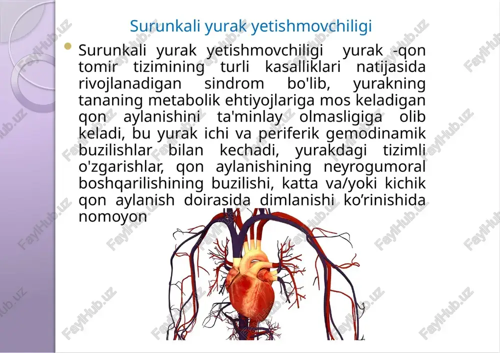 i + diuretiklar qo’llaniladi. surunkali yurak yetishmovchiligi patogenezi: kardiotsirkulyator model miokard shikastlanishi oqibatida yuzaga kelgan kompensator gemodinamik o’zgarishlar yurakning qisqarishdan oldingi va keyingi zo’riqishiga olib keladi. bu modelga asoslanib davolashda patogenetik yondashuvda yurak glikozidlari +periferik vazodilatatorlar qo’llaniladi. surunkali yurak yetishmovchiligi neyrogumoral nazariyasi yurak daqiqalik hajmining kamayishi yurak minutlik hajmini saqlab turishga qaratilgan tizimli va lokal patofiziologik reaktsiyalar(neyrogumoral faoollashuv yurak zo’riqishi va shikastlanishining kuchayishi yurak yetishmovchiligidagi kompensator mexanizmlar frank-starling qonuni-yurak qisqaruvchanlik kuchini oshirishga qaratilgan bo’lib hajm bilan zo’riqishda ishga tushadi. boudich fenomeni-yurak qisqarishlar sonining oshishi bilan miokarrd qisqarish kuchi va tezligining ortishi. anrep effekti-izometrik giperfunktsiya qarshilik oshganda yuzaga keladi miokard qisqaruvchanlik kuchini oshirib beradi. simpatoadrenal tizim (sat) faollashuvi-katexolaminlar ta’sirida qon tomirlar torayishi qon aylanishini markazlashtirishga qaratilgan. miokard gipertrofiyasi-3 bosqichda :avariya, tugallangan gipertrofiya va kardoskleroz (f.z.meerson bo’yicha) raat faollashuvi-buyrakda qon aylanishning yomonlashuvi natijasida yuzaga keladi. endotelin ishlab chiqarilishi-periferik qon tomirlarni toraytiradi. nup ishlab chiqarilishi-endogen diuretik yurakning qisqarishdan oldingi zo’riqishini kamaytiradi azot oksidi …