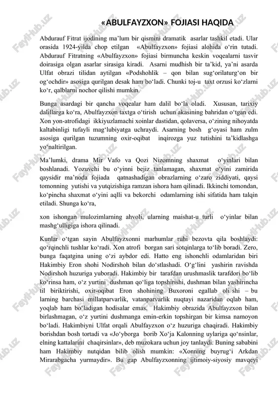 lik – qon bilan sug‘orilaturg‘on bir og‘ochdir» asosiga qurilgan desak ham bo‘ladi. chunki toj-u taxt orzusi ko‘zlarni ko‘r, qalblarni nochor qilishi mumkin. bunga asardagi bir qancha voqealar ham dalil bo‘la oladi. xususan, tarixiy dalillarga ko‘ra, abulfayzxon taxtga o‘tirish uchun akasining bahridan o‘tgan edi. xon yon-atrofidagi ikkiyuzlamachi xoinlar dastidan, qolaversa, o‘zining nihoyatda kaltabinligi tufayli mag‘lubiyatga uchraydi. asarning bosh g‘oyasi ham zulm asosiga qurilgan tuzumning oxir-oqibat inqirozga yuz tutishini ta’kidlashga yo‘naltirilgan. ma’lumki, drama mir vafo va qozi nizomning shaxmat o‘yinlari bilan boshlanadi. yozuvchi bu o‘yinni bejiz tanlamagan, shaxmat o‘yini zamirida qaysidir ma’noda fojiada qatnashadigan obrazlarning o‘zaro ziddiyati, qaysi tomonning yutishi va yutqizishiga ramzan ishora ham qilinadi. ikkinchi tomondan, ko‘pincha shaxmat o‘yini aqlli va bekorchi odamlarning ishi sifatida ham talqin etiladi. shunga ko‘ra, xon ishongan mulozimlarning ahvoli, ularning maishat-u turli o‘yinlar bilan mashg‘ulligiga ishora qilinadi. kunlar o‘tgan sayin abulfayzxonni marhumlar ruhi bezovta qila boshlaydi: qo‘rqinchli tushlar ko‘radi. xon atrofi borgan sari sotqinlarga to‘lib …