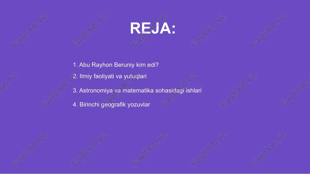 iq metodlar bilan olib bordi. uning ilmiy merosi ajralmas qismdir. uning geografik asarlarida geografiya, astronomiya va tarix birlashib, yangi bilishga olib keldi. beruniy merosi uzoq davom etadigan ilmiy yodgorlikdir. birinchi geografik yozuvlar 01 abu rayhon beruniy o‘zining ilmiy merosi bilan tarix va madaniyatni bog‘laydi, xalqlar o‘rtasidagi bilim almashishni rivojlantiradi, madaniyatlar yuksalishiga sabab bo‘ladi. 02 uning asarlari astronomiya, geografiya va matematika sohalarida yuksak natijalarga ega, ilm-fan rivojiga katta hissa qo‘shgan, zamonaviy asarlar uchun poydevor yaratgan. 03 beruniy madaniy merosi o‘z davrining rivojlangan ilmiy tajribalarini aniqlik bilan bayon qilib, otashki madaniyatlarning boyligini taʼminlaydi, bilim va madaniyatni asrlar davomida saqlashga xizmat qiladi. tarixiy va madaniy merosi abu rayhon beruniy oʻzining yirik asarlari bilan tarix va matematika sohalarida muhim izlar qoldirdi. uning kitoblari dunyo miqyosida tanilgan. upliersning ilmiy ishlari astronomiya, geografiya va xalqlashgan madaniyatlarni chuqur o‘rgandi. beruniy yoshlar uchun ilmingizni rivojlantirish uchun katta ahamiyatga ega. yirik asarlari va kitoblari beruniy o‘z davridagi ilmiy yutuqlar …