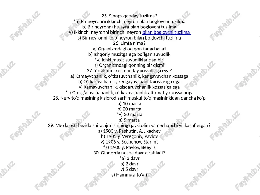 di *a) 3 ta b) 5 ta v) 6 ta s) 2 ta 38. funksiyasi o’xshash bo’lgan gormonlarni toping. a) intermedin, oksitotsin *b) intermedin, melatonin v) intermedin, adrenalin s) adrenalin, melatsnin 39. somatotrop gormoni organizmda qanday vazifani boshqaradi? a) pigment, uglevodlar almashinuvini *b) organizmda oqsil sintezi, bolalar va o’smirlarning o’sish, rivojlanishi v) kalsiy-fosfor almashinuvini s) bolalarning o’sishi va rivojlanishini 40. timozin gormonini qaysi bez ishlab chiqaradi? a) epifiz b) gipofiz v) qalqon oldi *s) ayrisimon 41. gipotalamus, talamus qaysi miyaning tarkibiy qismlari hisoblanadi? *a) oraliq b) o’rta v) oldingi s) uzunchoq 42. simpatik nerv sistemasining yadrolari... joylashgan. *a) orqa miyaning 1 ko’krak segmetidan 3-bel segmentigacha b) bosh miyaning pastki soxasida va orqa miyaning dumgaza qismida v) umurtqa pogonasining yonida s) ichki organlarning ichida yoki yonida 43. uzunchoqh miyani:1) uzunligi;2) o’rtacha vazn a) tashqi qismi va b) ichki qisminiig qanday rang bo’lishi to’g’ri berilgan qatorni ko’rsating. a) 1) 2,5-3,5 sm, 2) …