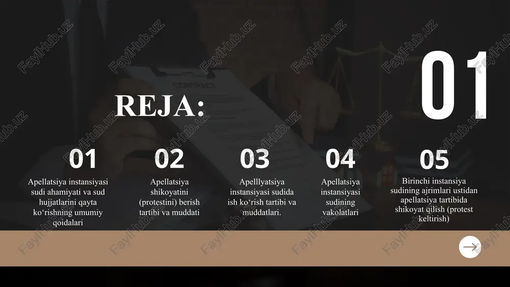 ha vakil 01 02 apellyatsiya shikoyatini berish huquqi o4 03 04 bundan tadbirkorlik faoliyati bilan bog‘liq bo‘lmagan hollar mustasno. o‘r fpk ning 384-moddasiga ko‘ra, apellyatsiya shikoyatlarini (protestlarini) ko‘rib chiqadigan sudlar quyidagilar: o5 1 1) qoraqalpog‘iston respublikasi sudining, viloyatlar va toshkent shahar sudlarining fuqarolik ishlari bo‘yicha sudlov hay’ati — tegishli fuqarolik ishlari bo‘yicha tumanlararo, tuman, shahar sudlarining hal qiluv qarorlari, ajrimlari, qarorlari hamda qoraqalpog‘iston respublikasi sudining, viloyatlar va toshkent shahar sudlarining birinchi instansiya bo‘yicha qabul qilingan hal qiluv qarorlari, ajrimlari, qarorlari ustidan berilgan; 2) o‘zbekiston respublikasi harbiy sudi — hududiy harbiy sudlarning hal qiluv qarorlari, ajrimlari, qarorlari va o‘zbekiston respublikasi harbiy sudining birinchi instansiya bo‘yicha qabul qilingan hal qiluv qarorlari, ajrimlari, qarorlari ustidan berilgan; 3) o‘zbekiston respublikasi oliy sudining fuqarolik ishlari bo‘yicha sudlov hay’ati — o‘zbekiston respublikasi oliy sudining birinchi instansiya bo‘yicha qabul qilingan hal qiluv qarorlari, ajrimlari, qarorlari ustidan berilgan apellyatsiya shikoyatlarini (protestlarini) ko‘rib chiqadi. 3 2 apellyatsiya shikoyatini (protestini) …