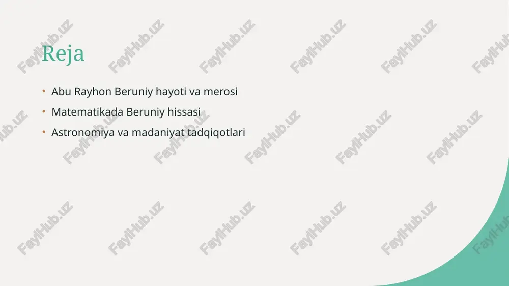 lmida muhim ahamiyatga ega. uning metodologiyasi va nazariyalari zamonaviy tadqiqotlarda qo'llanilmoqda. abu rayhon beruniy va matematikada inqilobiy yondashuvlari. 1 beruniy va matematik falsafa - abu rayhon beruniy matematikada falsafiy yondashuvlarni rivojlantirib, ilmiy metodlarni asoslashda zamonaviy usullarni qo'lladi. bu, matematikani chuqur tushunishga olib keldi. 2 insoniyatning o'lchovlari - beruniy o'lchovlar nazariyasini rivojlantirishga katta hissa qo'shdi. u, masalan, yerning radiusini aniqlashda innovatsion metodlarni ishlab chiqdi, bu esa astronomiyaga katta ta'sir ko'rsatdi. 3 algebra va geometriya - beruniy algebra va geometriyada inqilobiy yondashuvlarni joriy etdi. u, geometrik shakllar va algebraik tenglamalar o'rtasidagi bog'lanishlarni o'rganib, yangiliklar kiritdi. beruniyning geometriya va algebra sohasidagi kashfiyotlari. geometriyada kashfiyotlar beruniy geometriya sohasida yangi usullarni ishlab chiqdi, masalan, uchburchaklarning maydonini aniqlashda o'ziga xos yondashuvlar taqdim etdi. algebra va tenglamalar u algebraik tenglamalarni yechishda innovatsion metodlarni qo'lladi, xususan, kvadrat tenglamalar uchun yechimlarni mukammal tarzda o'rganishga e'tibor qaratdi. matematik merosi beruniyning geometriya va algebra bo'yicha kashfiyotlari zamonaviy matematikaga katta ta'sir ko'rsatdi, …