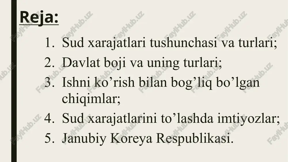 erensaloqa rejimida o‘tkazish bilan bog‘liq xarajatlar summasi sud tomonidan belgilanadi va ishda ishtirok etuvchi shaxslardan ishni ko‘rish natijalariga ko‘ra fuqarolik protsessual kodeksga muvofiq undiriladi. iv.sud xarajatlarini to’lashda imtiyozlar sud xarajatlarini to‘lashni kechiktirish; sud xarajatlarini bo‘lib - bo‘lib to‘lash; sud xarajatlari miqdorlarini kamaytirish; depozit hisobvarag‘iga oldindan kiritish; 9 qonunda belgilangan hollarda davlat bojini to‘lashni kechiktirish; davlat bojidan ozod qilish davlat bojini qaytarish; yo‘qotilgan vaqt uchun haq undirish; xarajatlar o‘rnini qoplash; sud xarajatlarini taqsimlash. koreya respublikasida eng oliy qonun bu konstitutsiyasi hisoblanadi. koreya respublikasining konstitutsiyasi 1948-yil 17-iyulda qabul qilingan va hozirgacha 9 marta qayta ko‘rib chiqilgan. oxirgi marta 1987-yil 29-oktabrda qayta ko‘rib chiqilgan konstitutsiya amaldagi koreya respublikasining konstitutsiyasi hisoblanadi. koreya respublikasining konstitusiyasining tuzilishi quyidagicha: muqaddima; asosiy matnda 130 ta modda; qo’shimcha qoida. v.janubiy koreya respublikasi 11 janubiy koreya respublikasining fuqarolik protsessual qonuni qismlardan, bo‘limlarda, 7-bob va 502-moddadan tashkil topgan. koreya respublikasining fuqarolik protsessual qonunining 3-bobi “yuridik xarajatlar”ga bag‘ishlangan. bu degani bizning fuqarolik …