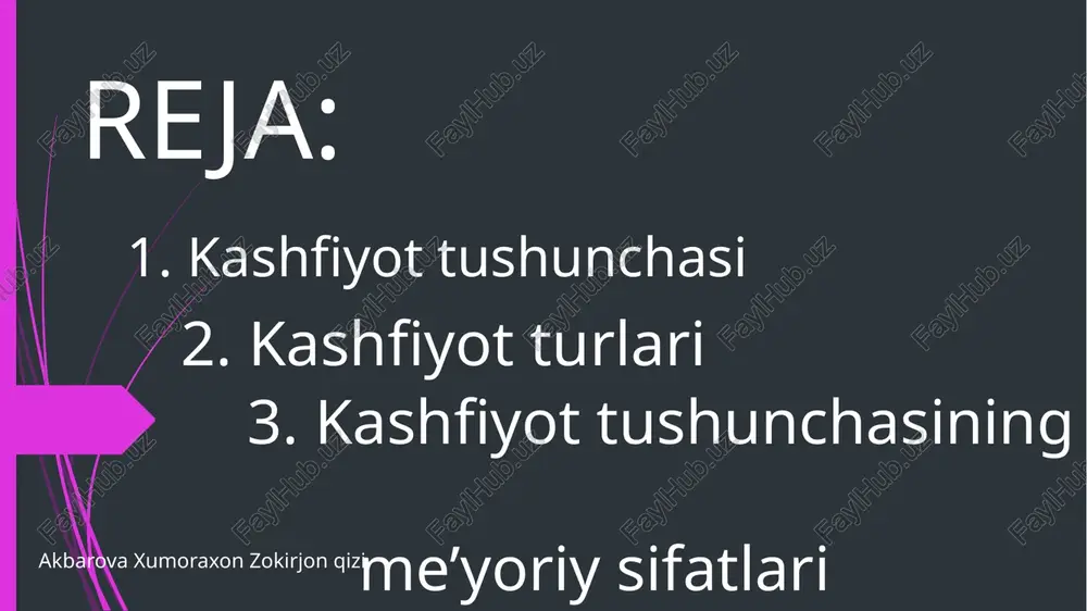 qilish. 2. yangiligini asoslash. 3. ishonchligini asoslash. ushbu me’yoriy tushunchalarni quyidagicha tavsiflash mumkin: birinchi keltirilgan «moddiy dunyoda ob’ektiv mavjud bo’lgan qonuniyatlar, xususiyat va hodisalarni qayd qilish» tushunchasi - kashfiyotning ob’ektiv borlikni bilish faoliyati natijasi ekanligini anglatadi. bu o’rinda bilish tushunchasi o’z ichiga berilgan ob’ekt (qonuniyat, hodisa, xususiyat)ning mavjudlik sharti hamda ilmiy talqinga ega ekanligi to’g’risidagi holatlarni qamrab oladi. «kashfiyotning yangiligi»ga o’zbekistonda jahon miqyosidagi yangilikka ega bo’lish talabi qo’yiladi. kashfiyotning jahon miqyosidagi yangiligi mezoniga tayanilganda, jahon miqyosidagi yoki vatanimizdagi birinchilikka davogar bo’lgan har qanday manba ehtiborga olinadi. kashfiyotning birinchiligi qonuniyat birinchi bo’lib shakllantirilib, matbuotda da’vo sifatida e’lon qilingan sanasi asosida aniqlanadi. «kashfiyotning ishonchliligi» ob’ektiv mavjud bo’lgan qonuniyat, xususiyat va hodisaning aniqlanishi bilan belgilanadi. har bir yaratilgan ob’ektiv yangilik (hodisa, xossa va ob’ektiv qonuniy bog’liklar) nazariy yoki amaliy jihatdan asoslanadi. kashfiyot - ilmiy ekspertizadan o’tgandan keyingina huquqiy jihatdan tan olinadi. ilmiy ekspertizadan o’tkazish uchun mualliflar (mualliflar kollektivi) qilingan kashfiyot bo’yicha talabnoma beradi. …