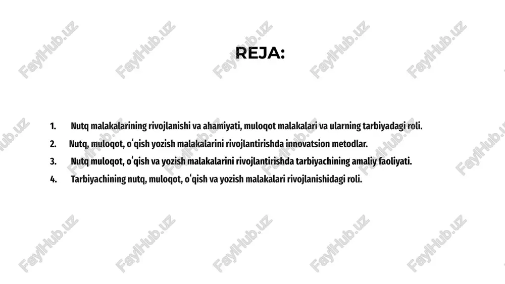 ituvchilar turli strategiya va tadbirlarni amalga oshirish orqali o'quvchilarning muloqot qobiliyatlarini rivojlantirishda hal qiluvchi rol o'ynaydi. ular interfaol mashg'ulotlarni osonlashtiradi, muloqotni rag'batlantiradi va o'quvchilarning muloqot qobiliyatini oshirish uchun konstruktiv fikr-mulohazalarni taqdim etadi. samarali o'qitish usullari va shaxsiy yordam orqali o'qituvchilar nutq, o'qish va yozish qobiliyatlarini yaxshilashga katta hissa qo'shadilar. nutq va muloqot ko‘nikmalarini rivojlantirishda multidimensional yondashuvni qo‘llash juda muhimdir. tarbiyachi turli pedagogik metodlarni birlashtiradi, masalan, o‘qish, yozish, eshitish va ko‘rish orqali bolalar til va muloqot ko‘nikmalarini shakllantiradi. bu yondashuv bolalarning xotiralarini, diqqatini, ijodiy fikrlashini rivojlantirishga yordam beradi. .axborot texnologiyalaridan foydalanish o‘qish va yozish malakalarini rivojlantirishda juda foydali bo‘lishi mumkin. tarbiyachi bolalar uchun kompyuter yoki planshetlar yordamida o‘qish va yozish o‘yinlarini tashkil etadi. masalan, interaktiv o‘quv dasturlari, elektron kitoblar yoki raqamli o‘yinlar yordamida bolalar o‘qish va yozishni o‘rganishadi.elektron kitoblar va multimediya vositalar yordamida bolalar o‘zlariga qiziqarli mavzularda hikoyalar o‘qishlari va o‘qilgan materiallar asosida yozma ishlar bajarishlari mumkin. o‘qish malakasini oshirishda pedagoglarning …
