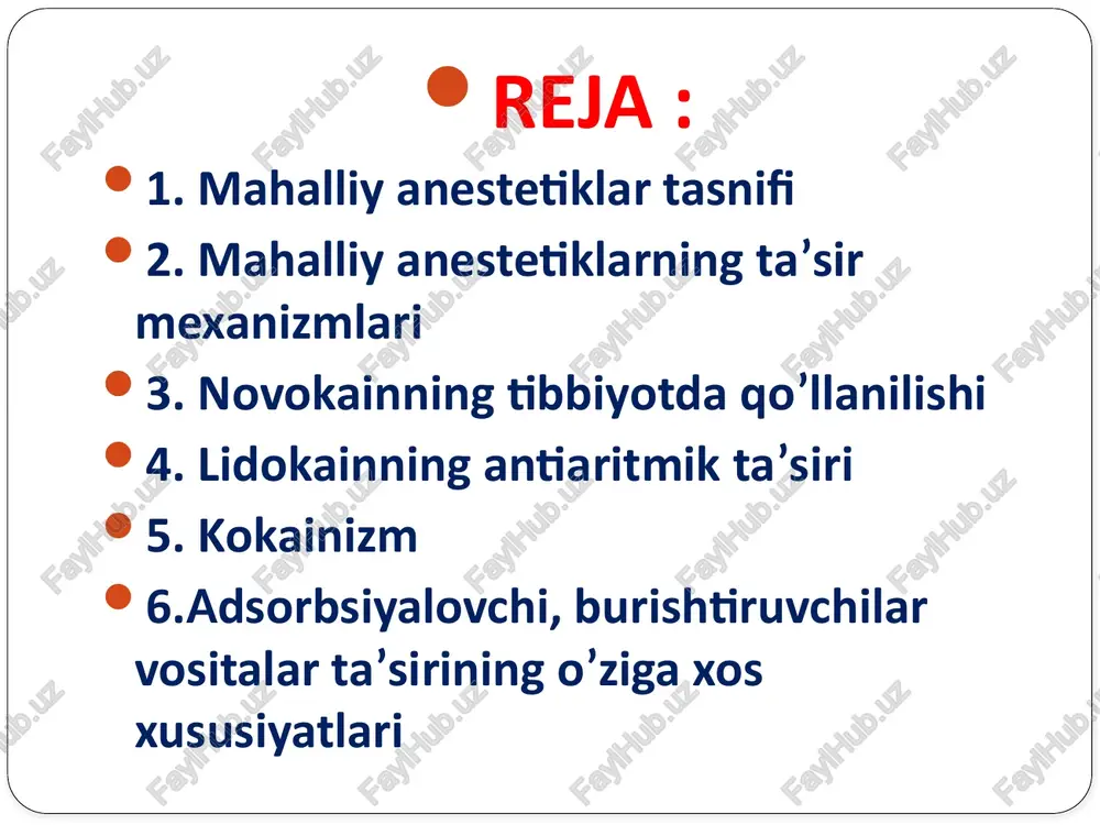 anestetik modda teridan boshlab qavatma-qavat chuqur joylashgan toʼqimalarga jarrohlik muolajalarini oʼtkazish uchun yuboriladi. bularga novokain, trimekain, septonest, bupivikain kiradi. barcha tur anesteziya: barcha tur anesteziyada qo’llaniladi: lidokain orqa miya anesteziya: orqa miya anesteziyasida qo’llaniladi: sovkain, trimekain, ksikain. suyak ichi anesteziya: suyak ichi anesteziyasida qo’llaniladi: novokain, trimekain. 2. mahalliy anestetiklarining kimyoviy tuzilishi bo’yicha tasnifi: aminospirt va aromatik kislotalarning murakkab efirlari kislotalar amidlarining almashingan hosilalari benzoy kislota unumlari: kokain paraaminobenzoy kislota unumlari: anestezin novokain dikain ksilidin unumlari: trimekain piperidin unumlari: piromekain bupivakain (markain) rixlokain benzofuran unumlari: benzofurokain kokain qo’llashga ko’rsatma: yuza anesteziyada, glaukomada qarshi ko’rsatma: gipertoniya, yurak kasalliklarida nojo’ya ta’sirlari: qon bosimini oshiradi, taxikardiya, qorachiqning kengayishi, talvasa, nafas markazining falajlanishi, eyforiya, qaramlik yuzaga keladi. dozasi: 1-3% li eritma konyuktiva bo’shlig’iga, 2-5% li eritma og’iz, burun, hiqildoq chiqarilish shakli: kukun dikain (tetrakain) qo’llashga ko’rsatma: yuza anesteziyada, ko’z shilliq pardasi sezuvchanligini yo’qotish maqsadida; nojo’ya ta’sirlari: rangdor pardani ta’sirlaydi; dozasi: 0,25-2% li eritma konyuktiva bo’shlig’iga; …