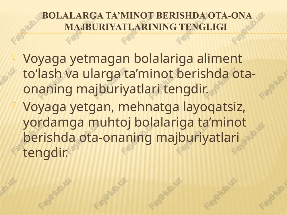 mga muhtoj bolalariga ta’minot berishi shartdir. voyaga yetgan mehnatga layoqatsiz, yordamga muhtoj bolalariga ta’minot berish ota-onaning kelishuviga binoan amalga oshiriladi. ota-ona o‘rtasida bunday kelishuvga erishilmagan taqdirda nizo sud tartibida hal qilinadi. ota-onaning voyaga yetgan bolalariga to‘laydigan aliment miqdori ota-onadan voyaga yetgan mehnatga layoqatsiz, yordamga muhtoj bolalariga undiriladigan alimentning miqdori sud tomonidan aliment to‘lashi shart bo‘lgan ota-onaning oilaviy va moddiy ahvoli hisobga olinib, har oyda pul bilan to‘lanadigan qat’iy summada belgilanadi. endilikda voyaga yetmagan farzandining ta’minoti uchun alimentlarni o‘z vaqtida to‘lamagan shaxslarga 15 sutka qamoq yoki bazaviy hisoblash miqdorining 20 baravari, ya’ni 6 mln 600 ming jarima jazolari qatoriga 120 soatgacha haq to‘lanadigan jamoat ishlariga majburiy ravishda jalb etish jazosi ham qo‘shildi. bunda haq to‘lanadigan jamoat ishlariga jalb etiladigan shaxslar ish haqining 50 foizi aliment majburiyatlari bo‘yicha qarzni to‘lashga yo‘naltiriladi. asos: o'zbekiston respublikasining qonuni, 11.04.2023 yildagi o'rq-829-son aliment undirishda hisobga olinadigan daromadlar aliment o‘zbekiston respublikasi hududida va uning tashqarisida pul yoki …