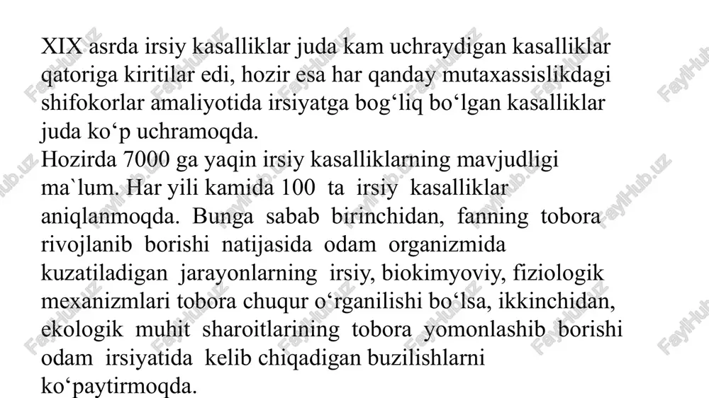 kasalliklarni 4 guruhga ajratiladi. irsiy kasalliklar deb etiologik omili mutatsiyalar bo‘lgan kasalliklarga aytiladi. irsiyatga va muhitga aloqadorligiga qarab mavjud kasalliklarni 4 guruhga ajratiladi. birinchi guruh – aniq irsiy kasalliklar. kasallik mutatsiya natijasi, muhit ta`siridan qat`iy nazar yuzaga chiqadi. bularga to‘liq namoyon bo‘ladigan xromosoma va gen kasalliklarini kiritish mumkin, (daun sindromi, gemofiliya, neyrofibromatoz, fenilketonuriya, mukovistsidoz, axondroplaziya va boshqalar). kasallik ontogenezining har qanday bosqichlarida namoyon bo‘lishi mumkin. 2. ikkinchi guruh kasalliklari irsiy omilga bog‘liq, lekin uning namoyon bo‘lishi uchun ma`lum atrof muhit omili ta`siri kuzatilishi shart (podagra, diabet). bular irsiy moyilligi bo’lgan kasalliklardir. 3. uchinchi guruh kasalliklarida asosiy etiologik omillar muhit ta`sirlari hisoblandi, lekin ularning namoyon bo‘lishida irsiyatning ham roli mavjud. 4. to’rtinchi guruh kasalliklari rivojlanishida irsiy omillar hech qanday rol o’ynamaydi (jarohatlar, kuyish, yuqumli kasalliklar). lekin kasallikning qanday kechishiga irsiy konstitutsiya ta`sir qilishi mumkin. irsiy kasalliklarni etiologik omili genom, xromosoma va gen mutatsiyalaridir. xromosomalar sonining (genom mutatsiyalari) yoki strukturasining o‘zgarishlari (xromosoma …
