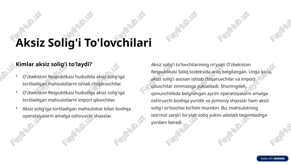 al ahamiyatga ega. o'zbekiston respublikasi soliq kodeksining 288-moddasi aksiz solig'iga tortiladigan mahsulotlar uchun soliq bazasini aniqlashning aniq tartibini belgilaydi. bu mahsulot turiga, import yoki mahalliy ishlab chiqarishga bog'liq holda farq qilishi mumkin. masalan, ba'zi mahsulotlar uchun soliq bazasi ularning fizik hajmi (litr, dona, kilogramm) bo'lsa, boshqalari uchun sotish qiymati hisoblanadi. 3 aksiz solig'i stavkalari spirtli ichimliklar yuqori litr tamaki mahsulotlari o'rtacha 1000 dona benzin past litr qimmatbaho ichimliklar o'zgaruvchan litr aksiz solig'i stavkalari mahsulot turiga qarab farqlanadi va hukumat tomonidan har yili qayta ko'rib chiqiladi. xususan, spirtli ichimliklar, tamaki mahsulotlari, benzin va boshqa mahsulotlar uchun turli stavkalar qo'llaniladi. bu stavkalar asosan iste'molni tartibga solish va byudjet daromadlarini oshirish maqsadida belgilanadi. 2024 yil uchun amaldagi stavkalar soliq kodeksining tegishli bo'limlarida ko'rsatilgan va ularning dinamikasi iqtisodiy vaziyatga qarab o'zgarishi mumkin. 4 hisoblash tartibi soliq bazasini aniqlash mahsulotning miqdori yoki qiymatini belgilash. stavkaga ko'paytirish soliq bazasini amaldagi aksiz solig'i stavkasiga ko'paytirish. imtiyozlarni hisobga …