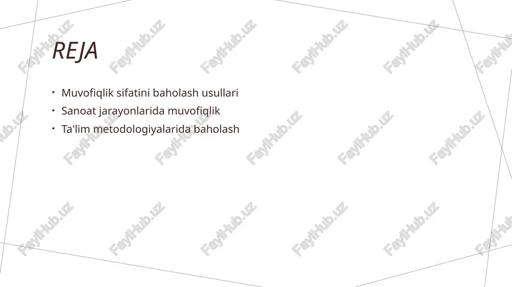 . 3 qayta ishlash va takomillashtirish statistik metodlar natijalarning qayta ishlanishi va takomillashtirilishi uchun zarur. ular sifatni oshirish uchun asosiy ko'rsatkichlarni taqdim etadi. sanoat jarayonlarida muvofiqlik sifatini baholashning asosiy ko'rsatkichlari. asosiy ko'rsatkichlar sifat ko'rsatkichlari vaqt va xarajat sanoat jarayonlarida muvofiqlik sifatini baholashda asosiy ko'rsatkichlar sifat, vaqt, va xarajatlarni o'z ichiga oladi. bu ko'rsatkichlar jarayon samaradorligini belgilaydi. sifat ko'rsatkichlari mahsulotning standartlarga muvofiqligini, ishonchliligini va mijozlar talablariga javob berishini baholash uchun muhimdir. ular sifat nazoratini ta'minlaydi. jarayonlarni baholashda vaqt va xarajatlar ko'rsatkichlari muhim ahamiyatga ega. ular resurslarni samarali ishlatish va jarayonlarni optimallashtirishga yordam beradi. sanoatda muvofiqlik baholash usullarining samaradorligi va amaliyoti. sanoat muvofiqligi sanoat jarayonlarida muvofiqlik sifatini baholash, ishlab chiqarish samaradorligini oshirish va chiqindilarni kamaytirish uchun muhimdir. baholash metodlari muvofiqlikni baholashda statistik metodlar, analitik metodlar va tajribalar orqali natijalar to'playdi, bu esa jarayonlarni optimallashtirishga yordam beradi. amaliyotdagi misollar sanoat korxonalarida muvofiqlik baholash usullari taklif etilganidan so'ng, ishlab chiqarish jarayonlarida sifatni oshirish va …