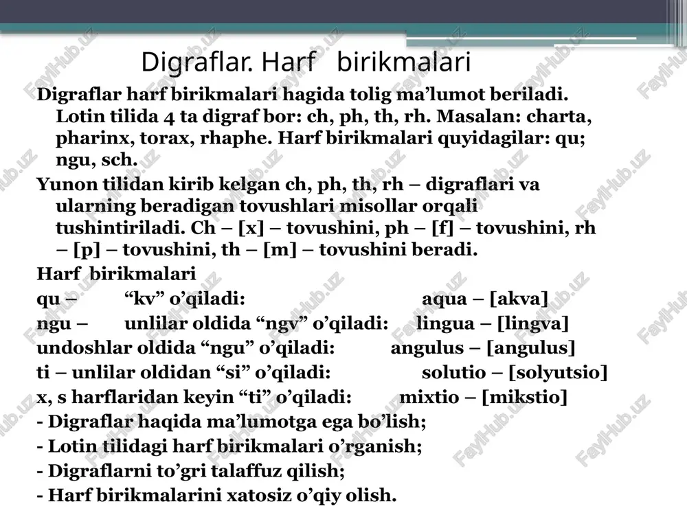 u holda ikkinchi unli harfning ustiga ikki nuqta qo’yiladi va unlilar ayrim-ayrim o’qiladi. masalan: ayor [ayer] - havo, ayorosolum [ayrozolum] - aerosol, aloyo [aloe] –sabur, aloe vera quyidagi so’zlarni ovoz chiqarib o’qing ae [ e] – aeger [eger], aegre [egre], aegrotus [egrotus], aetas [etas], aetatis [etatis], aestimo [estimo], aether [eter] oe [e] – oedema [edema], oesophagus [esofagus], oeto [eto], oetoti [etoti], oestrogenus [estrogenus], foeniculum [fenikulyum] au [ au] – aurum[ayrum], trauma [trauma], auctor [ayktor], audio [audio], auditivus [auditivus] , auricular [aurikula], auris [auris], aurum [aurum] eu [eu] – neuralgia [nevralgiya], pneumonia [pnevmoniya], leukomycin [leukomitsin], eucalyptus [evkalipt], eucommia [eukomya],euphyllinum [evfilinum]. harf birikmalari q, q - harfi doimo “u” harfi bilan birgalikda kelib, unli harf oldidan kelganda [kv] deb talaffuz qilinadi: aqua [akva] – suv, quinque[kvinkve]- besh. ngu - harflar birikmasi unli oldida kelganda [ngv] , boshqa hollarda esa [ngu] deb o’qiladi: lingua [lingva] – til,unguentum [ungventum]-surtma, angulus [ angulus ]- burchak. …
