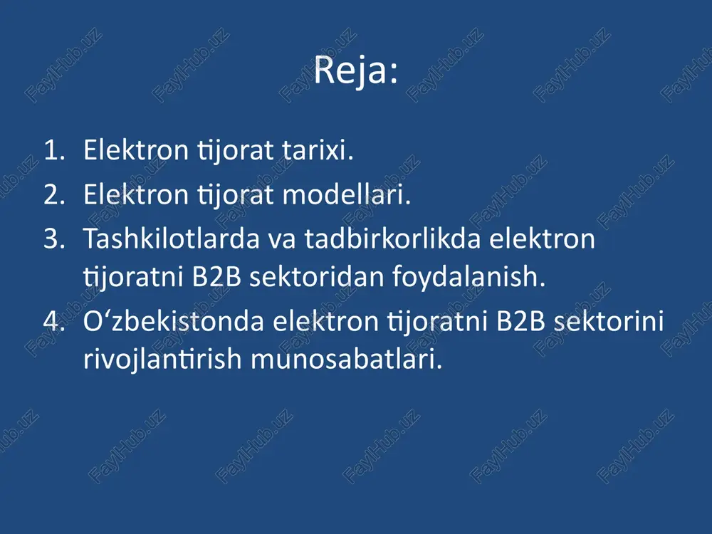 shlab chiqish; seminarlar, davra suhbatlari va boshqa usullar orqali biznes vakillarining, shu jumladan kichik va o'rta biznesning huquqiy va iqtisodiy savodxonligini oshirish; biznesni yangi texnologiyalar, xizmatlar va yangi ish o'rinlarini yaratish va joriy etishga yo'naltirilgan dasturlarni ishlab chiqish, amalga oshirish va tashabbuslarni qo'llab-quvvatlashga ko'maklashish; tadbirkorlik faoliyati jarayonida yuzaga kelishi mumkin bo'lgan huquqiy va iqtisodiy muammolarni to'g'ri hal qilishda amaliy yordam ko'rsatish. elektron tijorat - bu kompyuter tarmoqlari yordamida amalga oshiriladigan barcha moliyaviy va savdo operatsiyalarini va shu kabi operatsiyalar bilan bog'liq bo'lgan biznes jarayonlarini o'z ichiga oladigan iqtisodiyot sohasidir. elektron tijorat quyidagi klasifikassiyalarni o'z ichiga oladi: tijorat tashkilotlari b2b (business-to-business) b2c (business-to-consumer) b2e (business-to-employee) iste'molchilar c2a (consumer-to-administration) c2b (consumer-to-business) c2c (consumer-to consumer) ma'muriyat g2g (government-to-administration) g2b (government-to-business) g2c (government-to-consumer) b2c yoki sxemasi biznes-iste'molchi bunday holda, kompaniya allaqachon mijoz bilan to'g'ridan-to'g'ri savdo qiladi (yuridik shaxs emas, balki jismoniy shaxs). qoidaga ko'ra, bu erda biz tovarlarning chakana savdosi haqida gapiramiz. to'g'ri mahsulotni …