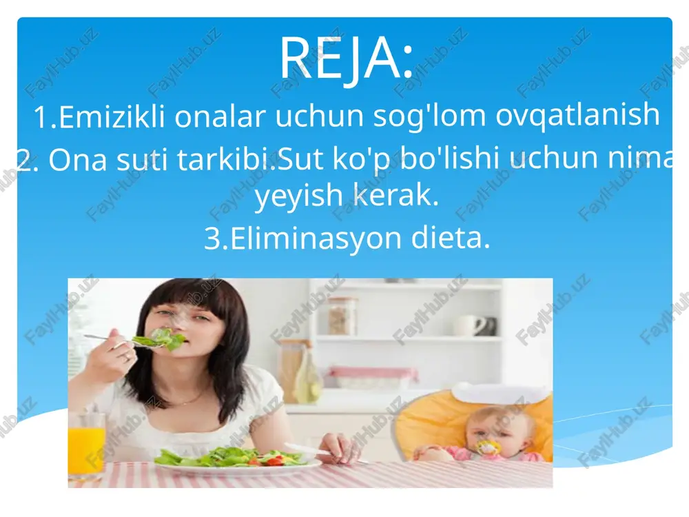 tanasi uchun barcha "qurilish materiallarini" faqat ona sutidan oladi. ona suti, koʻkrak suti — emizikli ayolning sut bezlari ishlab chiqaradigan suyuqlik (sekret). ona suti goʻdak uchun eng yaxshi ozuqa hisoblanadi, chunki bu davrda u tarkibi va oziq moddalar nisbatiga koʻra goʻdakning ovqat hazm qilish va moddalar almashinuvi xususiyatlariga mos keladi. a, c va d vitaminlari, temir, kaltsiy kabi asosiy vitamin va minerallarni ko'pincha bolalar ona sutidan to'liq ololmaydi. mahsulotlarga alohida e'tibor bering: go'sht, tovuq va baliq temirga boy bo'lib, ulardan temir sabzavot mahsulotlaridan farqli o'laroq eng yaxshi so'riladi. temir yetishmasligi anemiya, tez charchash, injiq bo'lib qolishiga olib keladi. bu ona va bolaga tegishlidir. go'shtli ovqatlarni iste'mol qilmaydigan vegetarian onalar ko'p miqdorda o'simlik oqsillarini, shuningdek temir va b12 vitaminli vitamin -mineral komplekslarni qabul qilishlari kerak agar chaqaloqning o'sishi uchun kaltsiy yetarli bo'lmasa, u uni onasining tanasidan, suyaklaridan oladi. ular mo'rt va sinuvchan bo'lib qoladi, sinish xavfi ortadi, tishlar bilan bog'liq muammolar …