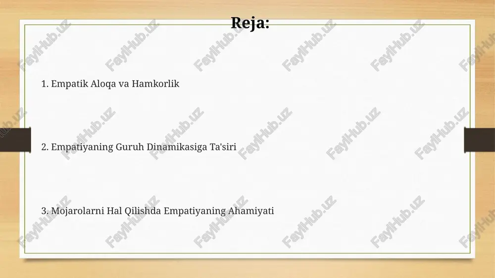 gi konfliktlarga ta'siri empatiyaning yuqori darajasi, masalan, 70% dan ortiq, guruh ichidagi konfliktlar sonini 30% ga kamaytirishi va jamoa samaradorligini toshkentdagi tadqiqotlar shuni ko'rsatdiki, oshirishi mumkin. guruh a'zolarining empatiya darajasi 5 ball shkalasi bo'yicha 4 balldan yuqori bo'lganda, moskva shahrida o'tkazilgan eksperimentlar natijalariga ko'ra, qarama-qarshiliklarni hal qilish vaqtini 15% ga qisqartirish kuzatildi. 2018 yilda aqshning kaliforniya shtatidagi tadqiqotlar shuni aniqladiki, past empatiya ko'rsatkichlari bilan ajralib turadigan 5 tadan ortiq kishilik guruhlarda konfliktlar 2 baravar ko'proq kuzatiladi. empatiyani rivojlantirish usullari empatiyani rivojlantirishda ijtimoiy tarmoqlarda 20 dan ortiq postlarni tahlil qilish va ularga javob yozish, turli odamlarning his-tuyg'ularini va motivlarini tushunishga yordam beradi. o'zbekistonning turli hududlaridan bo'lgan 5-7 kishidan iborat kichik guruhlarda rol o'ynash o'yinlari orqali turli vaziyatlarda empatik munosabatni namoyon qilishni mashq qilish, empatiyani rivojlantirishga yordam beradi. empatiyani rivojlantirishning samarali usullaridan biri, haftasiga kamida 3 marta, 15 daqiqa davomida turli xil madaniyat vakillarining 2-3 ta hikoyasini o'qish yoki tinglash orqali boshqa …