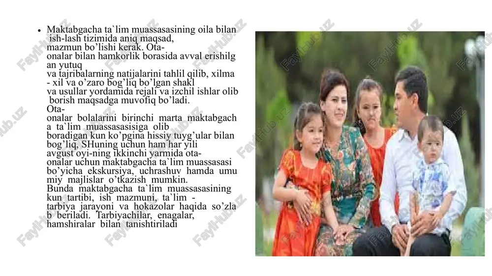g ko’rsatishicha, ishning bu turi katta ahamiyatga ega va kutilgan samaralarni beradi. bunda tarbiyachi oila va bolaning shaxsiy xususiyatlarini o’rganib, ularni o’zining tarbiyaviy ishida hisobga oladi. buning natijasida tarbiyachi bi-lan oila o’rtasida do’stlik munosabatlari, o’zaro hurmat va ishonch tezroq o’rnatiladi. maktabgacha ta`lim muassasasilarimiz tajribasida ota-onalar va oila bilan yakkama-yakka olib boriladigan ishlarning turli xil shakllari aniqlangan, ya`ni oilaga tarbiyachining borishi, ota-onalar uchun suhbat o’tkazish, ularga maslahatlar berish, ota-onalarni bolaning maktabgacha ta`lim muassasasidagi hayoti bilan tanishtirish va shu kabilar. ota-onalar bilan jamoa tarzida tashkil qilinadigan ishlar. bo’lar ota-onalarning guruhiy va umumiy majlisi, ota-onalar maktabi, anjumanlar, shanbaliklar (bolalar maktabgacha ta`lim muassasasisi xodimlarining ota-onalar bilan birgalikdagi amaliy faoliyati), savol maktabgacha tarbiyachilarning asosiy maqsadi - oilaga bolalarni tarbiyalashda professional yordam berish, uni o'rnini bosish emas, balki uning ta'lim vazifalarini to'ldirish va to'liq bajarilishini ta'minlash: 1. bolaning qiziqishlari va ehtiyojlarini rivojlantirish. 2. bolalarni tarbiyalashda doimo o'zgarib turadigan vaziyatlarda ota -onalar o'rtasida burch va mas'uliyatni taqsimlash. …