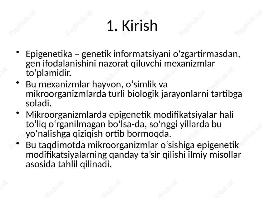 ladi. 5. histon modifikatsiyalari va prokaryotlarda ularning alternativlari prokaryotlarda haqiqiy histonlar mavjud bo‘lmasa-da, histon-ga o‘xshash dnk-ni bog‘lovchi oqsillar mavjud. naps (nucleoid-associated proteins) – hu, ihf, h-ns kabi oqsillar dnk tuzilmasi va transkripsiyani tartibga soladi. hu oqsili gen ekspressiyasi, rekombinatsiya, replikatsiya jarayonlariga bevosita ta’sir qiladi. epigenetik nazorat bu oqsillar orqali dnkning qadoqlanish darajasiga ta’sir qilish orqali amalga oshadi. 6. epigenetik modifikatorlar: kimyoviy ta’sir dnk metiltransferaza inhibitörlari (dnmti): dnk metillanishini bloklab gen ifodasini oshiradi. misollar: 5-azacytidine, decitabine – prokaryot va eukaryotlarda test qilingan. histon deatsetilaza inhibitörlari (hdaci): histon asetilatsiyasini oshirib ochiq xromatin holatini saqlab turadi. masalan: trichostatin a (tsa), butirat – mikroorganizmlarda gen ifodasini kuchaytiradi. 7. modifikatorlarning mikroorganizmlar fiziologiyasiga ta’siri dnmti va hdaci bakteriyalarda: o‘sish sekinlashuvi, morfologik o‘zgarishlar, metabolit ishlab chiqarishdagi farqlar. stressga bardoshlik darajasi o‘zgaradi. transkripsiya profilingi o‘zgaradi: ba’zi genlar bostiriladi yoki faollashadi. 8. in vitro eksperimentlar: uslub va yondashuv mikroorganizmlarni nazorat va tajriba guruhlariga ajratib o‘stirish. epigenetik modifikatorlar turli konsentratsiyalarda …