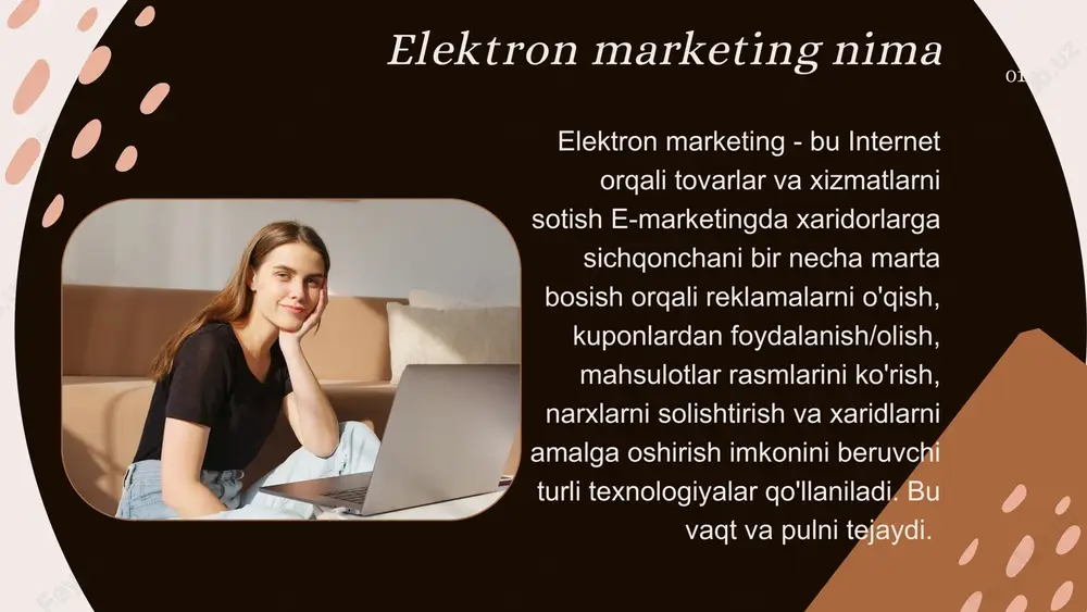 qilish uchun ijtimoiy media kanallari orqali qiladigan hamma narsani o'z ichiga oladi. muvaffaqiyatli ijtimoiy media marketing strategiyasi jozibali postlar, tinglovchilar bilan o'zaro munosabat va izchillikni talab qiladi. ijtimoiy media marketingiga misollar orasida facebook, instagram, linkedin, twitter, reddit va boshqalarda joylashtirish kiradi. siz nashr etayotgan har bir kontentingiz aniq maqsadga xizmat qilishiga yoki ijtimoiy media marketing harakatlaringiz samarali bo'lishi uchun muayyan muammoni hal qilishiga ishonch hosil qiling. 06 elektron pochta marketingi elektron pochta marketingida korxonalar kontaktlarga mahsulotlar, xizmatlar, sotuvlar, kontent va h.k.lar haqida maʼlumot beruvchi elektron pochta xabarlarini joʻnatadi. uning yuqori investitsiya daromadi (roi) koʻpchilik korxonalarning kirish strategiyasining muhim qismidir. e-pochta marketingiga misollar orasida so'nggi blog postingizga havola qilingan haftalik axborot byulletenini yuborish, cheklangan taklif yoki sotuv mavjud bo'lganda mijozlarga elektron pochta xabarlarini yuborish va yangi mahsulot yoki xizmat haqida mijozlaringizga elektron pochta xabarlarini yuborish kiradi. 07 bu onlayn maqsadli auditoriya uchun kontent yaratish, nashr etish va tarqatishga qaratilgan elektron marketing …