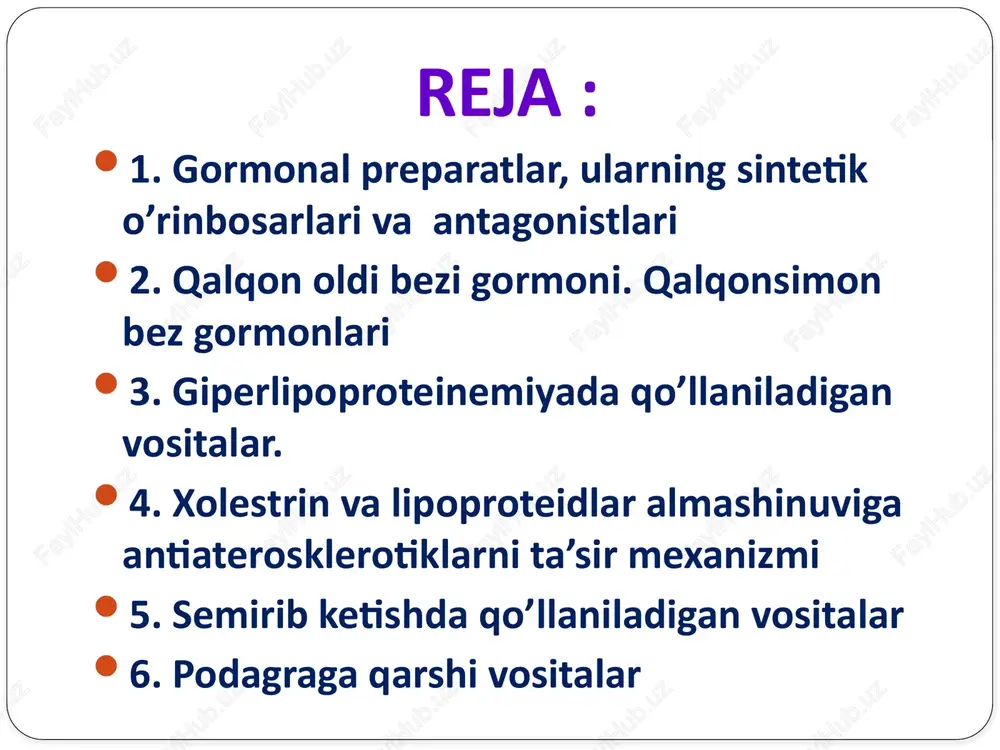 ridan uning qayta so'rilishi kamayib ketadi, modda o'rinbosar davo uchun gipoparatireozlarda, spazmofiliya, tetaniyaning oldini olish va davolash uchun qo’llaniladi. ta’siri sezilarli bo'lishi uchun paratireodin kalsiy moddalari — kalsiy xlorid, kalsiy glyukonat bilan birga qo’llaniladi. oshqozon osti bezining gormonal moddalari bunday gormonal moddalar qatoriga insulin moddalari insulin, amorfli suspenziya rux-insulin, protamin- insulin, suspenziya protamin rux-insulin, kristallik suspenziya rux-insulin hamda diabetga qarshi moddalar: butamid, xlorpropamid, glubutid (adebit) kiritiladi. insulin insulin moddalari o'rinbosar davo uchun organizmda oshqozon osti bezining langergans orolchalarining betta - hujayralarida hosil bo'ladigan insulin gormoni yetishmovchiligida (qandli diabetda) qo'llanadi. insulin uglevod almashinuviga ta’sir ko'rsatadi, qonda glyukozani glyukoza - 6 fosfatga aylantiradi, uning hujayralar, to'qimalarga o'tishini, o'zlashtirilishini, glikogenga aylanishini amalga oshiradi, qonda, siydikda glyukoza miqdori, tashnalik, diurez kamayadi, uglevod almashinuvini me’yorlashtiradi. insulin oqsil hamda yog' almashinuviga ijobiy ta’sir ko'rsatadi: siydikda azot birikmalari, qon va siydikda keton moddalari — atseton, atsetosirka, oksimoy kislotalar kamayib boradi, bemor ozadi, organizmda yog'larning parchalanishi, oqsillarning glyukozaga …
