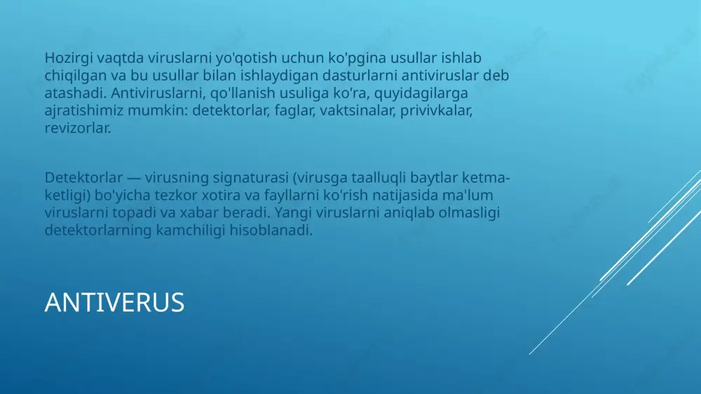 ga sabab boʻladigan programma. hozirgi kunda bu viruslarga qarshi antiviruslar ishlab chiqarilgan. viruslar haqida dastlabki maʼlumotlar amerikalik t. j. raynning 1977-yilgi fantastik asarida uchraydi. bu asarda 7000 kompyuter virusdan zararlanganligi haqida soʻz boradi. virus ham tuzilishiga koʻra dastur, lekin zararli. hozirda viruslar juda keng klassifikatsiya ega. ular keng qamrovda faoliyat olib bormoqda. masalan: kasperskiy antivirusi 1,5 million virusni aniqlay oladi (2009-yil maʼlumoti). dunyodagi birinchi virus dasturi 1988-yili karnell universiteti aspiranti robert moris(kichik) tomonidan internet tarmogʻiga joylashtirilgan. bu virus oʻz faoliyatini unix operatsion tizimi xato-kamchiliklaridan gʻarazli maqsadlarda foydalanish bilan amalga oshirgan kompyuter virusi — ehm ning xavfli „dasturi“. kompyuter egasini ogoxlantirmay va uning istagiga qarshi uning dasturiga „joylashtiriladi“ va zaryadlangan faylni navbatdagi qoʻyishda koʻpayadi. kompyuter virusi kompyuterning risoladagi ish meʼyorini buzadi, maʼlumotlarni oʻchirib yuboradi, displey (monitor) ekranidagi tasvirni buzadi, hisoblash jarayonini sekinlashtiradi. kompyuter virusi dasturini ishlab chiquvchilar 20-asr 80-yillari boshida aqshda paydo boʻldi, keyin dunyoning barcha mamlakatlariga tarqaldi. kompyuter virusiga qarshi …