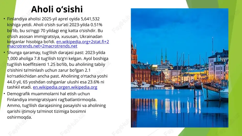 r. ko‘llar va suv resurslari: ~188,000 ta ko‘l mavjud. toza suv zahiralari mo‘l. torf (torf yoqilg‘isi): energiya ishlab chiqarishda ishlatiladi. foydali qazilmalar: mis nikel kobalt oltin sink temir rudasi uran (cheklangan zaxirada) qishloq xo‘jaligi finlandiyada qishloq xo‘jaligi sovuq iqlim va qisqa vegetatsiya mavsumi sababli cheklangan bo‘lsa-da, zamonaviy texnologiyalar yordamida samarali yuritiladi. asosiy xususiyatlari quyidagilar: yetishtiriladigan ekinlar: don mahsulotlari: arpa, javdar, bug‘doy kartoshka sabzavotlar (chegaralangan miqdorda) chorvachilik: sut chorvachiligi asosiy yo‘nalish hisoblanadi. sigir, cho‘chqa va qo‘y boqiladi. sifatli sut mahsulotlari (ayniqsa pishloq va yogurt) ishlab chiqariladi. inflatsiyasi 2025-yilda inflyatsiya darajasi 1,9% ga ko‘tarilishi kutilmoqda. bu o‘sish asosan qo‘shilgan qiymat solig‘i (qqs) stavkasining 25,5% ga oshirilishi va tamaki, alkogol, shirin ichimliklar kabi mahsulotlarga aksiz solig‘ining ko‘payishi bilan bog‘liq o‘zbekiston bilan aloqalari o‘zbekiston va finlandiya diplomatik aloqalarni 1992-yilda o‘rnatgan. iqtisodiy hamkorlik kichik, asosan texnologiya va qishloq xo‘jaligi sohalarida. ta’lim va madaniyat sohasida hamkorlik mavjud, oliygohlar o‘rtasida tajriba almashinuvi bor. aloqalar doimiy rivojlanmoqda. qiziqarli …