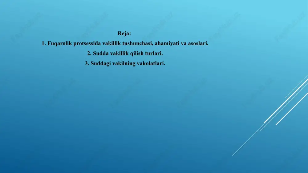 unosabatning subyekti: vakil ishda ishtirok etuvchi shaxs; vakil sud protsessining borishidan moddiy-huquqiy (ayrim istisnolar bilan) va protsessual-huquqiy manfaatdor shaxs: vakil barcha fuqarolik-protsessual huquq va majbu- riyatlardan foydalana oladi (shartnomali vakillikda huquq va majburiyatlarni amalga oshirish maxsus ko'rsatilganda amalga oshiriladi); isbotlash vositalarining subyekti (qonuniy vakilning tushuntirishlari); vakilga nisbatan protsessual majburiyatlarni bajarmaganlik uchun protsessual majburlov choralari belgilangan va hk (sud majlisi zalidan chiqarib yuborish, advokatlik tuzilmasiga xususiy ajrim yuborish). 2. vakillik qilish turlari. sudda vakillik qilishning asosan qonuniy va shartnomali turlarga bo’linadi. vakillikning qonuniy, shartnomali, jamoat, ustavli hamda rasmiy turlari ham mavjudligi tadqiq etilgan. 3. suddagi vakilning vakolatlari. vakillar fuqarolik protsessual kodeksining 39-moddasiga ko'ra, ishda ishtirok etuvchi shaxs sifatida 40-moddadagi huquq va majburiyatlarga ega. shuningdek, yana maxsus 69-moddadagi vakilning protsessual vakolatlari ham ularga tegishli. vakillik vakolatlari umumiy va maxsus vakolatlarga ajratiladi. jumladan, umumiy vakolat deb, har qanday vakil tomonidan vakolatnoma bergan shaxs nomidan harakatlarni amalga oshirishga aytiladi va bunda vakolatlarga maxsus izoh …
