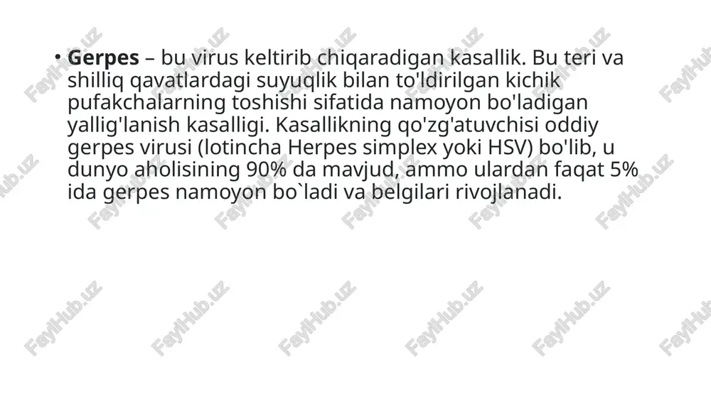 - kasallikning qaytalanishi, yil davomida takrorlanadi. tanadagi gerpes (3-turi) – o`rab oluvchi temiratki. bolalarda suvchechakni keltirib chiqaradi. 35 yoshgacha bo'lgan kattalarda asab tizimiga, ayniqsa bosh suyagi va orqa miya to'qimalariga salbiy ta'sir qiladi. tanada yirik nervlar o'tadigan joyda bir qator pufakchalar paydo bo'ladi va tanani o'rab turganga o'xshaydi, nomi shundan kelib chiqqan. shilliq qavatlar virusning bu turi bilan deyarli hech qachon zararlanmaydi. gerpesning ushbu turidagi belgilar: bosh og'rig'i, isitma, achishish, qichishish. hsv 4-turi (epshteyn-barr virusi) tomoq og'rig'i (angina) ning bir shakli bo'lib, unda limfa tugunlari odatdagidan kattaroq bo'ladi. alomatlari: tomoq og'rig'i, o'zini yomon his qilish, bosh aylanishi. yetti kun davomida baland harorat saqlanib qoladi va bodomsimon bezlarda suyuqlik bilan to'la pufakchalar paydo bo'ladi. hsv 5-turi (sitomegalovirus). u ikki xil namoyon bo`ladi: alomatlar umuman kuzatilmaydi yoki kasallik markaziy asab tizimi va organlarga ta'sir qiladi. virusning bu turi jinsiy yo`l bilan yoki kundalik hayotda yuqtiriladi. ushbu virus chaqaloqqa onadan, shuningdek, emizish orqali …
