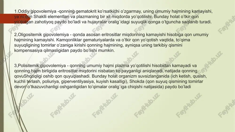 oldini olish, buyrak etishmovchiligi va ikkilamchi infektsiyalarning oldini olish uchun choralar ko'rish kerak. bemorni keyingi parvarishida diagnostik tekshiruv natijalari va kunlik dinamikasi asosida olib boriladi. gipovolemiya nima? gipovolemiya - tanadagi qon hajmining pasayishi, bu qon yo'qotishi yoki tana suyuqligining yo'qolishi bilan bog'liq bo'lishi mumkin. qon yo'qotilishi tashqi jarohatlar, ichki qon ketish yoki ayrim akusherlik favqulodda holatlari natijasida yuzaga kelishi mumkin. ich ketishi va qusish tana suyuqligini yo'qotishning keng tarqalgan sabablari hisoblanadi. suyuqlik katta kuyishlar, ko'p terlash yoki diuretiklar natijasida ham yo'qolishi mumkin. suyuqlikni etarli darajada iste'mol qilmaslik ham gipovolemiyaga olib kelishi mumkin. gipovolemiya boshlanganda og'iz, burun va boshqa shilliq pardalar quriydi, terining elastikligi yo'qoladi, siydik miqdori kamayadi. dastlab, tana yurak urish tezligini oshirish, yurakning qisqarish kuchini oshirish va atrofdagi qon tomirlarini toraytirib, miyaga, yurakka va buyraklarga qon oqimini saqlab qolish orqali tana hajmining yo'qolishini qoplaydi. tovushning doimiy yo'qotilishi bilan organizm kompensatsiya qobiliyatini yo'qotadi va qon bosimi pasayadi. ayni paytda yurak …
