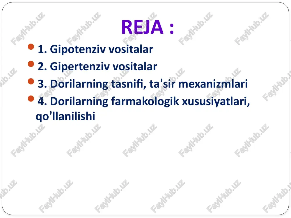 mayadi, yurak urishi sekinlashadi, natijada qon bosimi pasayadi. klofelin miyani boshqa tuzilmalaridagi alfa 2, - adrenoretseptorlarni tinchlantirib uxlatuvchi, tinchlantiruvchi, og'riq qoldiruvchi ta’sir ko'rsatadi, yosh bolalarda nafas tezligini hamda hajmini kamaytiradi. qolgan neyrotrop moddalar: 2. vegetativ gangliylarni falajlovchi ganglioblokatorlar — benzogeksoniy, pirilen, pentamin, arfonad. 3. alfa-adrenoretseptorlarni falajlovchi moddalar - digidroergotoksin, digidroergotamin, fentolamin. 4. betta - adrenoretseptorlarni falajlovchi moddalar— anaprilin. 5. alfa va betta -adrenoretseptorlarni falajlovchi — labetalol. 7. simpatolitiklar— rezerpin, oktadin; bu moddalar gipotenziv ta’sir ko'rsatadi, gipertoniya kasalligini davolashda keng qo'llaniladi. ii. miotrop moddalar moddalar bevosita qon tomirlarning silliq mushaklariga ta’sir ko'rsatib, ularni bo'shashtiradi, tomirlarni kengaytiradi. dibazol benzimidazol unumlaridan bo'lib, gipertoniya kasalligida og'iz orqali, mushaklar orasiga, venaga yuboriladi. dibazol mayin immunostimullovchi ta’sirga ega, modda nerv sistemasi kasalliklarida- poliomielit falajida qo'llaniladi. dibazolning salbiy ta’sirlari kam uchraydi, lekin davomli qo'llanilsa, yoshi katta bemorlarda yurakdan chiqadigan qonning hajmi kamayib, yurak faoliyati susayishi mumkin. eufillin purinlar unumidan bo'lib, qon tomirlarni kengaytiradi, shuningdek, bronx mushaklarini, o'pka …