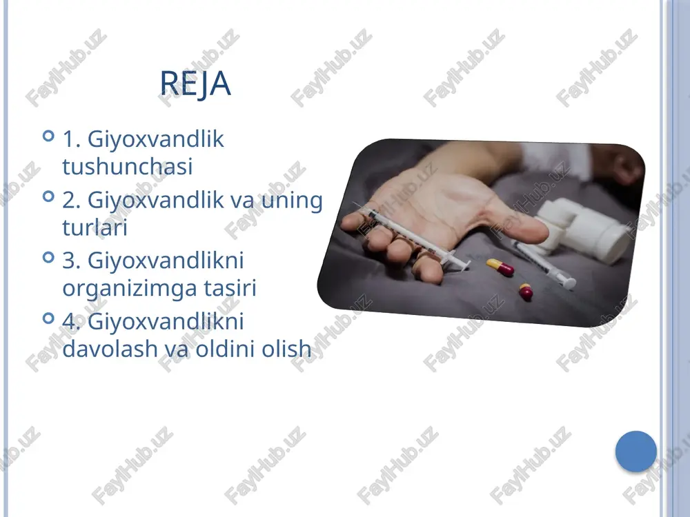 ohvandlik ijtimoiy hayotga salbiy ta'sir qiladi — oilaviy munosabatlar yomonlashadi, ishni yo‘qotish, jinoyat ishlari va boshqa muammolar yuzaga keladi. giyoxvand moddalarning 6 xil turi bo`lib 1. tabiiy giyohvand moddalar marixuana: bu o‘simlikdan olinadigan modda bo‘lib, odamlarni xotirjam qilish va kayfiyatni o‘zgartirish uchun ishlatiladi. u ko‘pincha chekish yoki ovqatga qo‘shib iste'mol qilinadi. opium: bu maklardan olingan modda bo‘lib, og‘riqni kamaytiradi, lekin uni ortiqcha iste'mol qilish odamni giyohvand qilishi mumkin. 2. sintetik giyohvand moddalar amfetaminlar: bu sintetik moddalardan energiya va hushyorlikni oshiradi. ular tezda qaramlikni keltirib chiqarishi mumkin. mdma (ecstasy) nomi bilan tanilgan: bu modda kayfiyatga xissiyotiga xulqiga jiddiy ta`sir ko‘taradi, lekin uzoq vaqt iste'mol qilinsa, jiddiy zarar keltiradi. spice: bu sintetik nasha bo‘lib, ta`sirlar galyutsinatsa, ruxiy tushkunlik psixoz joniga qasd qilish holatlari kuzatiladi. 3. opioidlar morfin: bu og‘riqni kamaytiruvchi modda, jarroxlikdan keyin yoki saraton og`riqlarida ishlatiladi lekin ko`p istemol qilish qaramlikka olib kelishi mumkin. geroin: bu morfinning kuchliroq shakli bo‘lib, sun`iy …