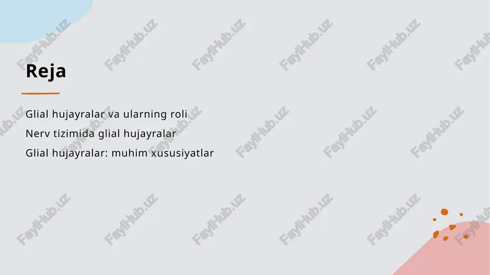 di, bu esa nerv tizimining samarali ishlashini ta'minlaydi. neyroinflammatsiya glial hujayralar, neyroinflammatsiyalarga javob berib, zararni kamaytiradi va tiklanishni qo'llab-quvvatlaydi, shuning uchun ular sog'liq uchun muhim ahamiyatga ega. glial hujayralar: nerv tizimidagi asosiy vazifalari va funktsiyalari. 01 glial hujayralar turlari glial hujayralar uchta asosiy turga bo'linadi: astrositlar, mikroglialar va oligodendrositlar. har biri nerv tizimida o'ziga xos vazifalarni bajaradi. 02 asosiy vazifalar glial hujayralar, neyronlarni qo'llab-quvvatlash, oziqlantirish va himoya qilish bilan birga, nerv tizimidagi axborotni uzatishda ham muhim rol o'ynaydi. 03 neyroinflammasiya glial hujayralar neyroinflammasiya jarayonlarida ishtirok etadi, bu esa nerv tizimining salomatligini ta'minlashda muhimdir, kasalliklar paydo bo'lishini oldini oladi. 04 oziqlanish va energiya glial hujayralar, neyronlarga energiya va oziq moddalari bilan ta'minlash orqali ularning normal ishlashini ta'minlaydi, bu esa miyaning optimal funktsiyasini qo'llab-quvvatlaydi. glial hujayralarning nevrologik sog'liqdagi o'rni va ahamiyati. glial hujayralar roli glial hujayralar nerv tizimida neyronlar uchun muhim qo'llab-quvvatlovchilar hisoblanadi, ularning sog'lig'i va samaradorligini ta'minlashda muhim ahamiyatga ega. neyroinflamatsiya …