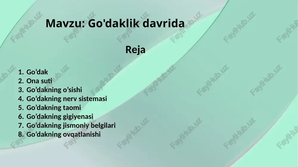 k, ona bilan bola oʻrtasida mehr rishtalari bogʻlanadi. ona suti haqidagʻi dastlabki maʼlumotlar ibm sino qoʻlyozmalarida ham qayd etilgan. u ona sutini quyosh nuriga qiyos qilgan, chunki yer yuzidagi barcha tirik mavjudot (oʻsimliklar dunyosi) uchun quyosh nuri qanchalik zarur boʻlsa, oʻsayotgan murgʻak uchun ham ona suti shunchalik zarur. bola tugʻilgandan soʻng, dastlabki 2—3 kunda onaning sut bezlari sargimtir rangli suyuqlik — ogʻiz suti ajratadi. u, endigina dunyoga kelgan murgʻakka eng zarur ovqat; unda oqsil, tuz, shuningdek, yogʻ tomchilari boʻladi. yangi tugʻilgan chaqaloq, ona koʻkragiga qancha erta tutilsa, shuncha koʻp ogʻiz sutidan bahramand boʻladi. shuning uchup ham onaning koʻzi yorishi bilan dastlabki 20—30 daqiqada chaqaloqni onasining koʻksiga yotqizib, har ikki koʻkrakdan emizishga yordamlashish maqsadga muvofiq. ilk soatdagi bir lahzali "badanma-badan" jismiy yaqinlik ona bilan murgʻak oʻrtasidagi aloqani yanada mustahkamlaydi. bola bir oylik boʻlishiga yaqin boʻyi 3-3,5 sm, bir yoshida esa 25-27 sm uzayadi. dastlabki 3 oyda vazn hafta sayin 200-250 g …