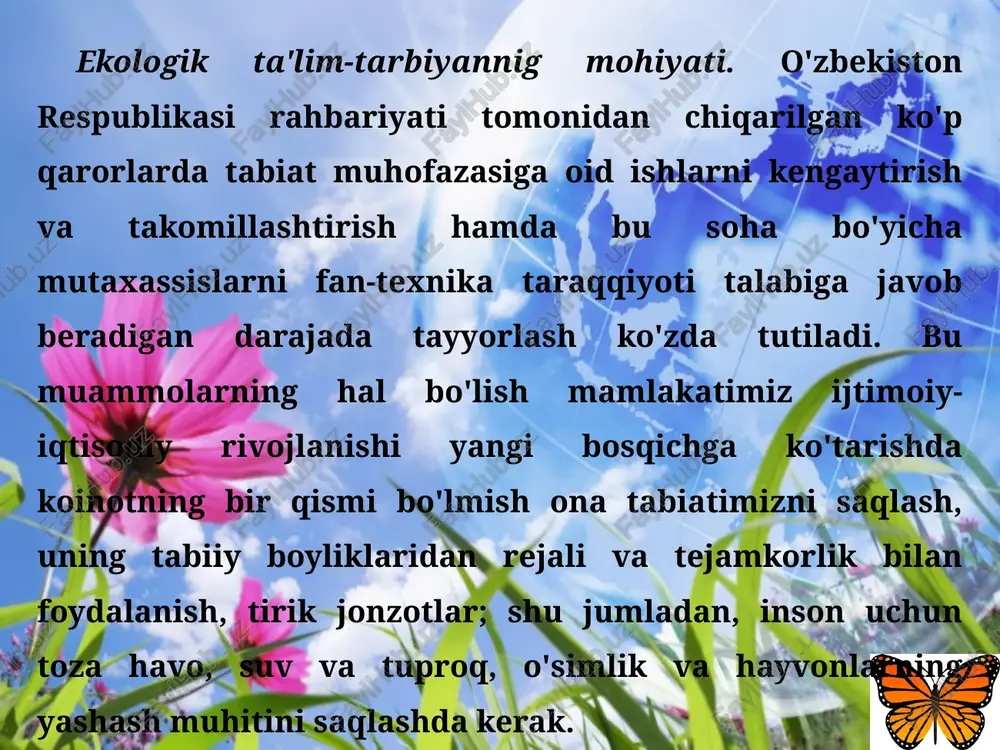 a qilgan holda ish olib boradilar. kelajakda etishib chiqadigan turli sohadagi ekologlar zamonaviy fanlardan ma'lumot oladilar, fan-texnika yutuqlari bilan tanishadilar. bog'cha, maktab, korxonalarda ishlab chiqarish tajribasini o'tib, o'zlarining amaliy qobiliyatlarini oshiradilar. yuqori darajali yosh mutaxassislar bo'lib, tabiat va jamiyat qonunlarini mukammal o'rganib, atrof muhit muhofazasini ijobiy hal etadilar. ekologik ta'lim-tarbiyaning nazariy asosi – atrof muhit muhofazasiga oid ta'limni bog'cha, maktab, katta-kichik o'quv yurtlari, oliy o'quv yurtlarida ma'lum o'quv reja va dasturlari asosida olib borish hamda malakali mutaxassislar tayyorlashdan iborat. yig'ilgan tajribalar umumlashtirilib, bir pedagogik shaklda keltirilib, o'quv dasturi, darsliklar tuziladi. 2. ekologik tarbiyaning maqsadi va vazifalari. ekologik ta'lim-tarbiyaning asosiy vazifa va maqsadlari insonni tabiat bilan va unda sodir bo'layotgan voqeliklar bilan qiziqtirish, inson, tabiat o'rtasidagi muammolarning kelib chiqish sabablarini aniqlash, echish yo'llari, chora-tadbirlarini topish yetarli ekologik bilimlarga ega bo'lgan holda atrof muhit muhofazasini amalga oshirishdir. ekologik ta'lim tarbiyaning vazifalari quyidagilardan iborat: jamiyat va tabiatning rivojlanish qonunlari; ular o'rtasidagi munosabatlarni chuqur …