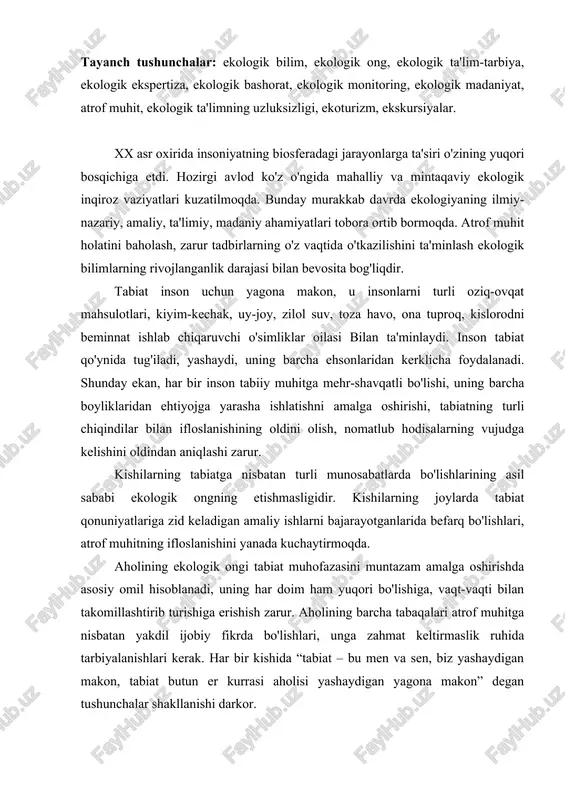 i tabiat muhofazasini muntazam amalga oshirishda asosiy omil hisoblanadi, uning har doim ham yuqori bo'lishiga, vaqt-vaqti bilan takomillashtirib turishiga erishish zarur. aholining barcha tabaqalari atrof muhitga nisbatan yakdil ijobiy fikrda bo'lishlari, unga zahmat keltirmaslik ruhida tarbiyalanishlari kerak. har bir kishida “tabiat – bu men va sen, biz yashaydigan makon, tabiat butun er kurrasi aholisi yashaydigan yagona makon” degan tushunchalar shakllanishi darkor. aholining ekologik ongi va madaniyatini tarbiyalash uzluksiz bo'lishi zarurligi to'g'risidagi fikr ilgaridan ma'lum. inson tug'ilganidan tortib to umrining so'nggi kunigacha ta'lim-tarbiyadan saboq olar ekan, ushbu tarbiyaning muayyan qismini tabiatga nisbatan g'amxo'r, fidoiy, mehr-muhabbatli bo'lish haqidagi tarbiya tashkil etadi. bola 3-6 yoshlarida bog'chada tarbiyalanar ekan bu muddat atrof muhitga nisbatan munosabatlarning shakllanishida asosiy poydevor vazifasini o'taydi. bu yoshda bolalar har bir narsaga qiziquvchan bo'ladi. bog'cha opalar har bir bolaga atrofida ko'rinib turgan tabiat hodisalari, mevali va mevasiz daraxtlar, gullar haqida birlamchi, shu bilan birga ilmiyroq bilimlarni sodda tarzda tushuntirishga harakat …