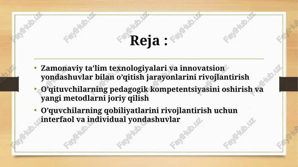 teknologik integratsiya raqamli texnologiyalar va interaktiv usullar yordamida ta’lim jarayonini samarali va qiziqarli qilish, o’quvchilarning mustaqil fikrlash qobiliyatini kuchaytiradi. shaxsiylashtirilgan ta’lim individual ehtiyojlarga moslashtirilgan metodlar orqali o’quvchilarga yanada samarali ta’lim berish, ularning shaxsiy va intellektual rivojlanishini ta’minlaydi. raqamli texnologiyalar yordamida o’quv jarayonlarini interaktiv qilish usullari 1 interaktiv darslar raqamli texnologiyalar yordamida o’quv jarayonlarini interaktiv qilishda smart ta’lim platformalari va mobil ilovalar keng qo’llaniladi, bu esa o’quvchilarning faol ishtirokini ta’minlaydi. 2 onlayn ko’rgazmalar virtual laboratoriyalar va interaktiv simulyatorlar yordamida o’quvchilar amaliy ko’nikmalarni rivojlantiradi, real vaqt rejimida muammolarni hal qilish imkonini beradi. 3 baholash va fikrlar elektron testlar va onlayn fikr-mulohaza platformalari orqali ta’lim jarayonini baholash va o’quvchilarning fikrlarini erkin ifoda qilish imkoniyati yaratiladi. o'qituvchilarning pedagogik kompetentsiyasini oshirishning zamonaviy yondashuvlari va ularning ta'lim sifatiga ta'siri 1 yangi pedagogik yondashuvlar zamonaviy pedagogik yondashuvlar o'qituvchilarning kasbiy kompetentsiyasini rivojlantirishda muhim ahamiyatga ega. ular innovatsion metodlar va texnologiyalarni qo’llash orqali ta’lim sifatini oshiradi. 2 texnologik rivojlanish …