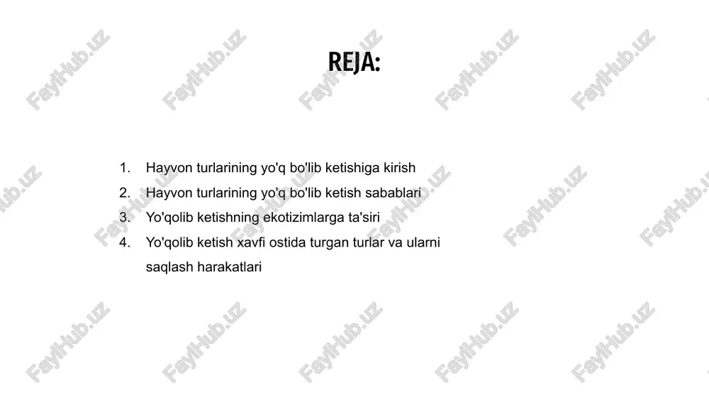 nozik muvozanatini buzadi va oziq-ovqat zanjiri bo'ylab kaskadli ta'sirga olib kelishi mumkin. 01 biologik xilma-xillikning yo'qolishi atrof-muhit o'zgarishlariga chidamliligini pasayishiga olib kelishi mumkin, bu esa ekotizimlarni iqlim o'zgarishi va yashash joylarini yo'q qilish kabi buzilishlarga nisbatan zaifroq qiladi. 03 tabiatni muhofaza qilish bo'yicha sa'y-harakatlar kelgusi avlodlar uchun ekotizimlarning salomatligi va barqarorligini yanada yo'q bo'lib ketishining oldini olishda muhim ahamiyatga ega. turlarning qisqarishi sabablarini bartaraf etish va biologik xilma-xillikni muhofaza qilish zarur. 02 yo'qolib ketish xavfi ostida turgan turlar va ularni saqlash harakatlari hayvon turlarining yo‘q bo‘lib ketishi dolzarb masala bo‘lib, yo‘qolib ketish xavfi ostida turgan ko‘plab turlar abadiy yo‘q bo‘lib ketish arafasida turibdi. tabiatni muhofaza qilish harakatlari bu turlarni va ularning yashash joylarini himoya qilishda hal qiluvchi rol o'ynaydi. yo'qolib borayotgan turlar yashash joylarini yo'q qilish, iqlim o'zgarishi, brakonerlik va ifloslanish kabi tahdidlarga duch kelmoqda. tabiatni muhofaza qilish bo'yicha sa'y-harakatlar ushbu tahdidlarni muhofaza qilinadigan hududlar, naslchilik dasturlari va jamoatchilikni xabardor …