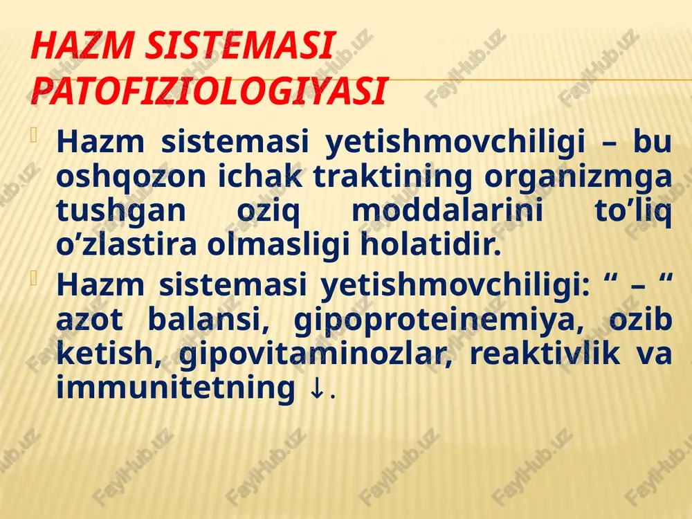 vermaslik, tanlab ovqatlanish k o’pincha ayollarning homiladorlik davrida va kasal odamlardakuzatiladi. giporeksiya asosan gastroenterit va ko'pgina infeksionkasalliklarga xos ishtahaning kuchayishi (giperreksiya) qandli diabet, modda almashinuvining boshqa ayrim kasalliklarida, shuningdek mat ning funksional va organik jarohatlanishlarida uchraydi. ko‘p ovqat yeyish ko‘pincha alimentar semirishga sabab bo'ladi. parareksiya ishtahaning aynishi, g'ayritabiiy ishtaha - ovqat sifatida yeyilmaydigan moddalaming iste’mol qilinishi. bu homiladorlikda va ruhiy kasalliklarda, masalan, isteriyada kuzatiladi. og'iz bo‘shlig‘ida hazmning o ‘zgarishi. odatda og'iz bo'shlig'ida ovqat tishlar yordamida chaynaladi, maydalanadi va so'lak bilan aralashib hazmga tayyor bo'ladi. chaynov tishlarining shikastlanishi yoki tushushi, chaynov mushaklari funksiyasining buzilishi, o g 'iz bo‘shlig‘i shilliq qavati kasalliklari (stomatitlar), chakka - pastki jag’ bo'g'imi, so‘lak bezlnri shikastlanishi natijasida bu jarayon buziladi. ii. chaynashning buzilishi 1. kariyes va parodontos 2. tishlarning bo’lmasligi 3. pastki jag’ travmalari, chiqishlari 4. chaynash muskullarining shikastlanishlari, yallig’lanishlari, innervatsiyasining buzilishi chaynash buzilishlarida, ya’ni ovqat yaxshi chaynalmasa so’lak ajralishlari, oshqozon va pankreatik shiralar ajralishi ham buziladi. …