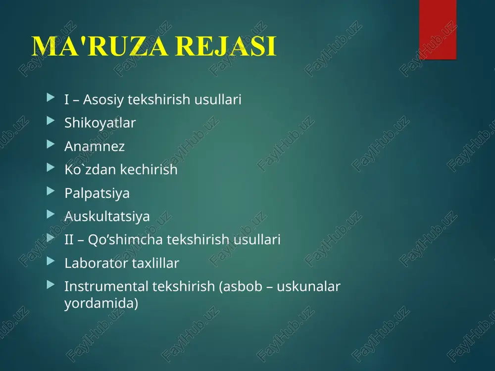 oziq- ovqatning tarkibiga (qo'pol, ekstraktga bog'liq) issiqlikdan, soda, sutdan, qusishdan keyin og’riklar kamayadi. og'riqlarning mavsumiyligi- ularning bahor-kuz davrida paydo bo'lishi (yara kasalligida) og'riq turini o'zgarishi perforatsiyada (teshilishda) - xanjarsimon og'riqlar penetratsiya – o’rab oluvchi, orqaga uzatiluvchi og’riqlar malignizatsiya - doimiy, ovqatlanishga bog'liq emas og’riqlar dispepsiya dispepsiya sindromi bu, asosan, epigastral soxada og'riq yoki bezovtalik hissi bilan ajralib turadi, bunda zarda qilish, kekirish, qusish, ko’ngil aynish ham kuzatilishi mumkin. dispeptik sindrom kekirish zarda bo’lish ko'ngil aynishi qusish ovqatdan keyin oshqozon to’lish hissi meteorizm ishtaha o’zgarishi najas buzilishi organik dispepsiya dispeptik sindrom organik kasalliklar tufayli yuzaga kelganda: yara kasalligi oshqozon saratoni gastro-ezofagal reflyuks kasalligi oshqozon atoniyasi surunkali pankreatit laktozani ko’tara olmaslik lyamblioz gijja invaziyasi funksional dispepsiya xech qanday patologik sabablarning yo'qligi asosida paydo bo’luvchi dispeptik belgilar. kekirish gazning yoki oshqozon shirasining kichik bir qismi og'iz bo'shlig'iga qaytish oshqozoning kardial teshigini ochiq bo’lganda oshqozon mushaklarining qisqarishi bilan bog'liq kekirish turlari havo bilan kekirish …