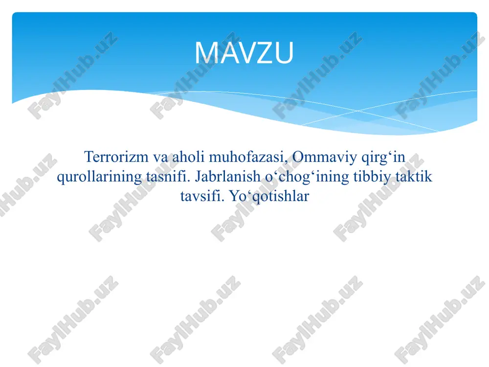dan oshish» ma`nolarini bildiradi.jamiyatda qabul qilingan qadriyatlar va me`yorlarga zid qarashlarni ilgari surish, keskin qarashlar va choralarga moyillik ekstremizmning asosiy hususiyati hisoblanadi. terrorchilik harakatlarining sub’ektlari sifatida quyidagilarni kursatish mumkin: -yakka terrorchilar -terrorchi guruhlar -terrorchi tashkilotlarning jangovor guruhlari -terrorchi tashkilotlar -etnik jamoalar -diniy tariqatlar -siyosiy-ekstremistik birlashmalar -halqaro terrorchilik tashkilotlari - ayrim davlatlar va davlatlarning maxsus xizmatlari hozirgi kunda terrorizmga qarshi kurashning asosiy printsiplari quyidagilardir: -qonuniylik -shahs huquqlari, erkinliklari va qonuniy manfaatlarining ustuvorligi; -terrorizmning oldini olish choralari ustuvorligi -jazoning muqarrarligi -terrorizmga qarshi kurash oshkora va nooshkora usullarining uyg‘unligi -jalb etiladigan kuchlar va vositalar tomonidan terrorchilikka qarshi o‘tkaziladigan operatsiyaga rahbarlik qilishda yakkaboshchilik terrorizm bilan bog‘liq fvlarda aholi vakillari quyidagilarni bilishlari shart: shubhali buyum topib olinganda ...... -zudlik bilan tegishli xizmatlarga xabar bering; -shubhali buyumga yaqinlashmang; -xavfli zonani kamida 100 m radiusda odamlardan bo`shating; -shubhali buyum va xavfli zonani qo`riqlashni ta`minlang; -uyushgan holda odamlarning evakuatsiyasini ta`minlang; -mutasaddi organlar ko`rsatmalariga rioya qiling; -radio aloqa vositalari, …