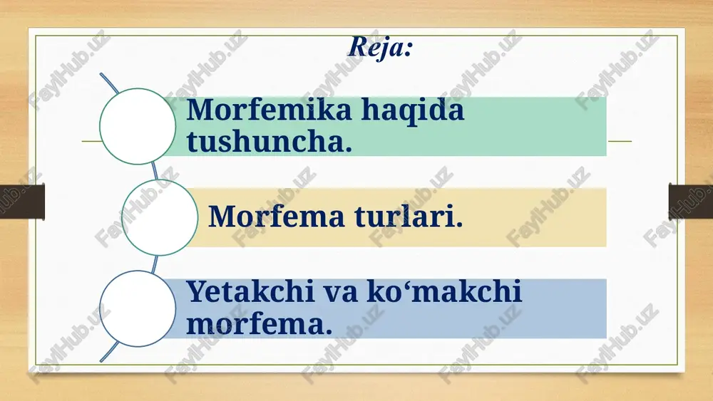ini qiyoslash asosida aniqlanadi. masalan, ishchilar so‘zining ish+chi+lar kabi morfemalarga ajratishga asos shuki, o‘zak deb olingan ish so‘zi o‘z ma’nosida qatnashgan, keyingi so‘zning yasalishi uchun asos bo‘lib turibdi, turli so‘zlar tarkibida kela oladi: ishga, ishchan, ishli, ishsiz, ishla kabi; -chi affiksal morfema bo‘lib, boshqa so‘zlar tarkibida ham gulchi, xizmatchi, traktorchi kabi shaxs oti yasab kela oladi; -lar ham morfema sifatida turli so‘zlar tarkibida ko‘plik ma’nosini ifodalab kela oladi: kitoblar, bolalar, binolar kabi. o‘zbek tilida morfemalar o‘zakka ketma-ket, biri orqasidan ikkinchisi qo‘shiladi. so‘zni morfemik tarkibga ajratish oxirgi morfemani belgilab olishdan boshlanadi va ketma-ket tarzda o‘zak formemani belgilash bilan tugallanadi. muz+la=muzla+t=muzlat+ish=muzlat+ish; ko‘k+ar=ko‘kar+tir=ko‘kartir+ish=ko‘kartirish+di=ko‘kartirishdi; oq+la=oqla+v=oqlov+chi=oqlovchi; tom+chi=tomchi+la=tomchila+t=tomchilat. o‘zak morfema so‘zda, albatta, ishtirok etadigan, leksik ma’noni beruvchi qismdir. o‘zak morfema yangi so‘z yasalishi uchun ham, shakl yasalishi uchun ham asos bo‘la oladi. masalan, mevali, mevasiz, sermeva kabi tarkibli so‘zlarda meva so‘z yasalishi uchun asos bo‘lsa; mevani, mevamiz, mevalar tarkibli so‘zlarda meva shakl yasalishi uchun asos bo‘ladi. …