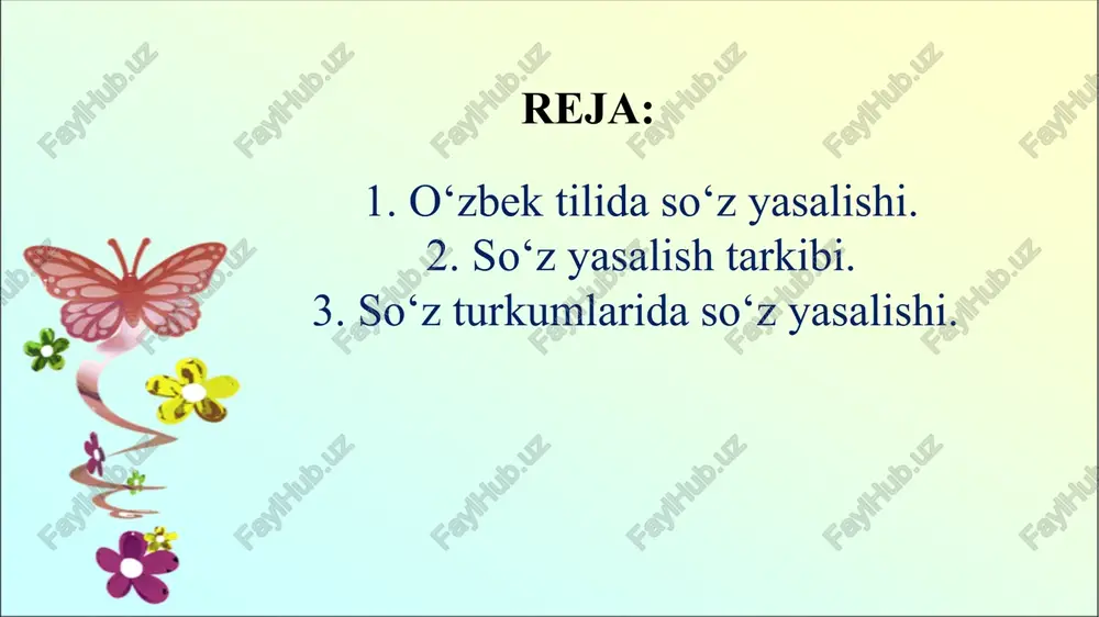 mchilik yasalmalarida esa bilim, terim, ovchi, terimchi yasama so‘zlari yasovchi asos bo‘lib kelgan. so‘zning morfemik tarkibini aniqlashda morfemalarning chegarasini belgilash qanchalik muhim bo‘lsa, yasovchi asos bilan yasovchi qo‘shimcha orasidagi chegarani aniqlash ham shunchalik muhimdir. shunga ko‘ra, gulchilik, paxtachilik, baliqchilik so‘zlarida yasovchi asos gulchi, paxtachi, baliqchi, yasovchi qo‘shimcha –lik bo‘lsa, dehqonchilik, ahmoqchilik, ozchilik yasama so‘zlarida esa dehqon, ahmoq, oz so‘zlari yasovchi asos, -chilik yasovchi qo‘shimcha bo‘ladi. chunki tilda dehqonchi, ahmoqchi, ozchi shaklidagi so‘zlar qo‘llanmaydi. yasovchi asos quyidagi shakllarga teng keladi: 1.yasovchi asos tub so‘zga teng keladi: chida+m, tila+k. ba’zan uning tarkibida shakl yasovchi bo‘lishi mumkin: topish+moq, o‘chir+g‘ich. 2.yasovchi asos yasama so‘zga teng keladi: temirchi+lik, sanoq+siz. 4.yasovchi asos juft so‘zga teng keladi: baxt-saodat+li, katta-kichik+lik 3. yasovchi asos qo‘shma so‘zga teng keladi: belbog‘+li, olijanob+lik, ignabarg+li. 5. yasovchi asos takroriy so‘zga teng keladi: qahqah+a, sharshar+a hozirgi o‘zbek tilida so‘z yasalishining turli usullari mavjud. semantik usul. fonetik usul affiksatsiya usuli kompozitsiya usuli semantik usul. ko‘p …