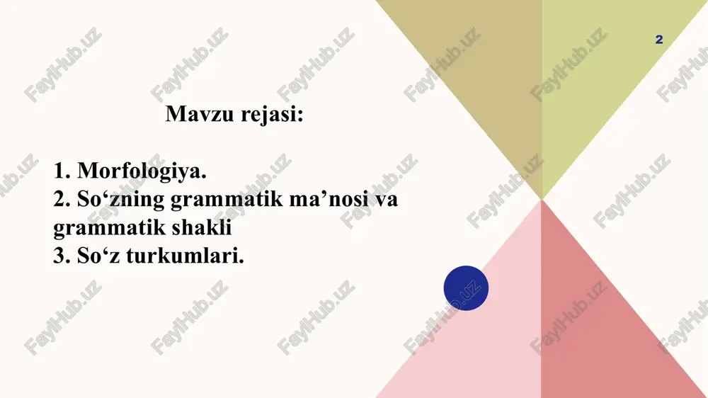 h va so‘z-gaplar); v) lug‘aviy ma’nosiz so‘zlar (ko‘makchi, bog‘lovchi, yuklama). 7 leksemalarning sintaktik tasnifi. leksemalarning sintaktik tasnifida, asosan, ularning nutqda boshqa leksemalar bilan bog‘lana olish-olmasligi, gap bo‘lagi bo‘lib kela olish-olmaslik xususiyati o‘z aksini topadi. gap bo‘lagi bo‘lishga xoslanmagan so‘zlar: undov, modal, so‘z-gaplar. gap bo‘lagi bo‘lishga xoslangan so‘zlar: fe’l, ot, sifat, son, ravish, taqlidlar, olmoshlar. sintaktik aloqa vositasi bo‘lishga xoslangan so‘zlar: ko‘makchi, bog‘lovchi, yuklama. e’tiboringiz uchun rahmat! image1.png image2.svg image3.png image4.svg image11.png image12.svg .msftofcthm_accent1_fill_v2 { fill:#f5cdce; } .msftofcthm_accent3_fill_v2 { fill:#aac3e8; } /docprops/thumbnail.jpeg