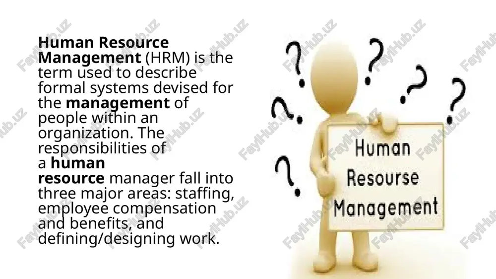 cludes the entire spectrum of creating, managing, and cultivating the employer-employee relationship. for most organizations, agencies, and businesses, the human resources department is responsible for: managing job recruitment, selection, and promotion developing and overseeing employee benefits and wellness programs developing, promoting, and enforcing personnel policies promoting employee career development and job training providing orientation programs for new hires providing guidance regarding disciplinary actions serving as a primary contact for work-site injuries or accidents human resource management is about: addressing current employee concerns: unlike company managers who oversee the day-to-day work of employees, hr departments deal with employee concerns such as benefits, pay, employee investments, pension plans, and training. their work may also include settling conflicts between employees or between employees and their managers. acquiring new employees: the human resource management team recruits potential employees, oversees the hiring process (background checks, drug testing, etc.), and provides new employee orientation. managing the …