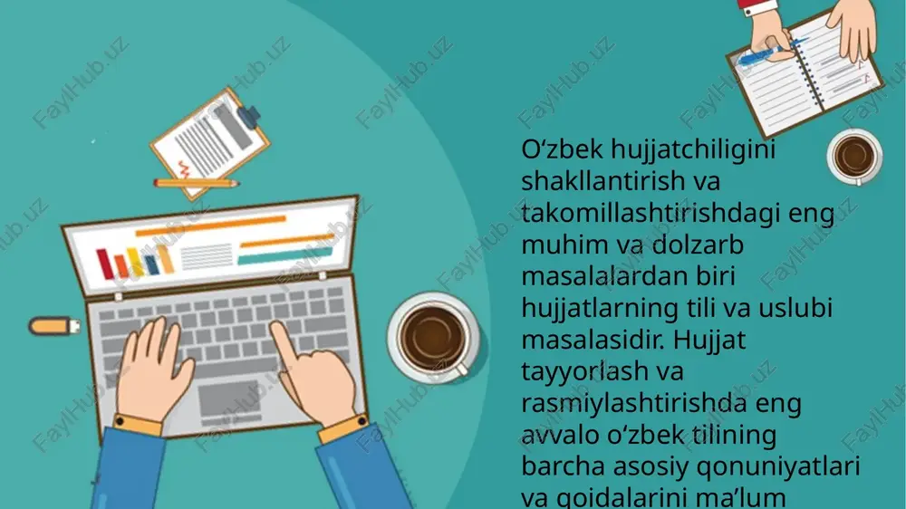 n, tayinlansin, eshitildi, qaror qilindi, ko‘rib chiqildi, ko‘rsatib o‘tildi kabi. hujjatlardagi gap qurilishi, odatda, tasniflash, mayda qismlarga ajratishga, qayd etuvchi va qaror qiluvchi qismlarning birligiga, umuman, sabab-oqibat va shart-oqibat munosabatlariga asoslanadi. shuning uchun ham hujjatlarda nisbatan uzun jumlalar, murakkablashgan, uyushiq bo‘lakli gaplar ko‘p qo‘llanadi. lekin gap tarkibida odatdagi so‘z tartibiga qat’iy rioya qilinadi, badiiy va boshqa asarlarda mumkin bo‘lgan g‘ayriodatiy so‘z tartibiga yo‘l qo‘yilmaydi. hujjatlarning mohiyati va maqsadiga muvofiq ravishda ularda so‘roq va undov gaplar deyarli qo‘llanmaydi, asosan, darak va buyruq gaplar ishlatiladi. zero, hujjatlarda tilning ikki vazifasi xabar berish (informativ) va buyurish (volyuntativ) vazifalari amalga oshadi. masalan, ma’lumotnomada axborot ifodalanadi, buyruqda buyurish aks etadi, majlis bayonida esa ham axborot («eshitildi...»), ham buyurish («qaror qilindi..») o‘z ifodasini topadi. hujjatlar matni birinchi shaxs yoki uchinchi shaxs tilidan yoziladi. yakka rahbar nomidan yoziladigan farmoyish hujjatlari (buyruq, farmoyish, ko‘rsatma kabilar) birinchi shaxs tilidan bo‘ladi. shuningdek, ayrim shaxs tomonidan yozilgan hujjatlar (ariza, tushuntirish xati …