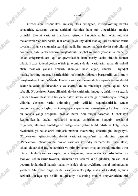 laydi. o‘zbekiston iqtisodiyotida davlat xaridlarining o‘rni va ularning zarurati o‘zbekiston iqtisodiyotida davlat xaridlari iqtisodiy barqarorlikni ta’minlash, ishlab chiqarishni rag‘batlantirish va ijtimoiy sohani rivojlantirishda muhim o‘rin tutadi. davlat xaridlari orqali davlat organlari, muassasalar va tashkilotlar o‘z faoliyati uchun zarur tovarlar, xizmatlar va ishlarni xarid qiladilar, bu esa ichki bozorni jonlantiradi hamda mahalliy ishlab chiqaruvchilarga yangi imkoniyatlar yaratadi. shu bilan birga, davlat xaridlari ichki yalpi mahsulot (yaim) hajmida sezilarli ulushga ega bo‘lib, u iqtisodiy o‘sishning muhim drayverlaridan biri hisoblanadi. davlat xaridlarining zarurati shundan iboratki, ular davlatning ijtimoiy majburiyatlarini bajarish, infratuzilmani rivojlantirish, ta’lim, sog‘liqni saqlash, mudofaa, transport va energetika sohalarini qo‘llab-quvvatlash uchun asosiy moliyaviy vosita bo‘lib xizmat qiladi. ular orqali byudjet mablag‘lari maqsadli sarflanadi, yangi ish o‘rinlari yaratiladi va iqtisodiyotda likvidlik ta’minlanadi. o‘zbekiston respublikasida davlat xaridlarining samaradorligini oshirish uchun tender va auksion tizimlari, shuningdek, elektron xarid platformalari joriy etilgan. bu esa iqtisodiy raqobatni kuchaytiradi va byudjet mablag‘larining tejalishiga olib keladi. davlat xaridlarining iqtisodiy …