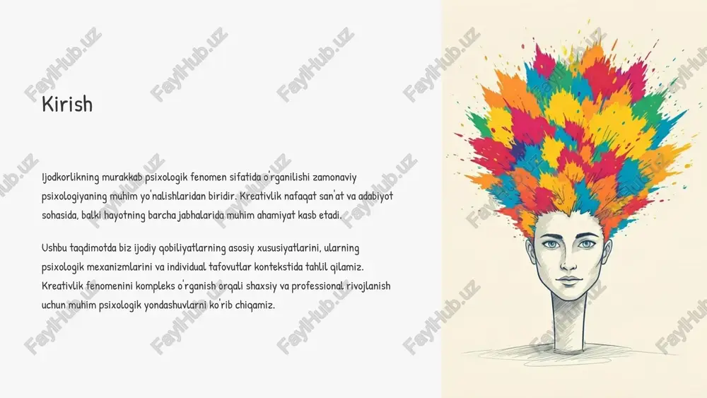 . abstrakt fikrlash mavhum tushuncha va g'oyalarni yaratish va qayta ishlash qobiliyati. konkret misollardan umumiy qonuniyatlarga o'tish. elaboratsiya g'oyalarni rivojlantirish va takomillashtirish jarayoni. dastlabki fikrni to'liq va batafsil ishlab chiqish qobiliyati. kreativlikning psixologik strukturasi bir qator kognitiv jarayonlarni o'z ichiga oladi. ular orasida assotsiativ fikrlash, analogiyalarni ko'rish qobiliyati va mavjud bilimlarni yangi kontekstda qo'llash alohida o'rin tutadi. bu komponentlar ijodiy jarayonning asosiy mexanizmlarini tashkil etadi. 4 ijodiy qobiliyatlarning tipologiyasi verbal kreativlik so'z va tushunchalar bilan bog'liq ijodiy faoliyat. adabiy ijod, she'riyat, esse yozish, yangi metaforalar yaratish, nutq so'zlash san'ati va lingvistik yangiliklarni o'z ichiga oladi. verbal kreativlik so'z boyligining kengligi, assotsiativ bog'lanishlarning boyligi va lisoniy moslashuvchanlik bilan tavsiflanadi. vizual-obrazli ijodkorlik vizual tasavvur va fazoviy fikrlash bilan bog'liq ijodkorlik. tasviriy san'at, dizayn, arxitektura, kinematografiya va virtual reallikni yaratish jarayonlari shu turga kiradi. bu turdagi kreativlik obrazlarni yaratish, ularni transformatsiya qilish va fazoviy munosabatlarni ko'ra bilish qobiliyati bilan bog'liq. texnik va matematik …