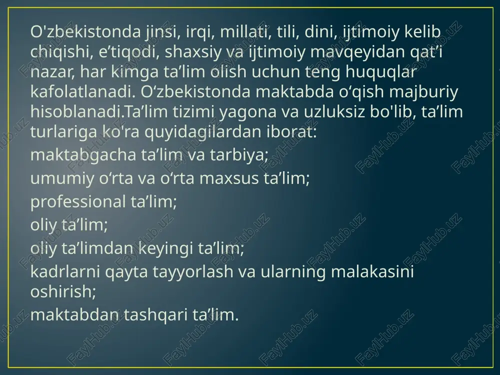 taxassislik bo‘yicha quyidagi darajalarni o‘z ichiga oladi: boshlang‘ich professional ta’lim; o‘rta professional ta’lim; o‘rta maxsus professional ta’lim. boshlang‘ich professional ta’lim kasb-hunar maktablarida ix sinf bitiruvchilari negizida bepul asosda kunduzgi ta’lim shakli bo‘yicha umumta’lim fanlarining va mutaxassislik fanlarining ikki yillik integratsiyalashgan dasturlari asosida amalga oshiriladi. oliy ta’lim bakalavriat ta’lim yo‘nalishlari va magistratura mutaxassisliklari bo‘yicha yuqori malakali kadrlar tayyorlanishini ta’minlaydi. oliy ma’lumotli kadrlarni tayyorlash oliy ta’lim tashkilotlarida (universitetlar, akademiyalar, institutlar, oliy maktablar) amalga oshiriladi. umumiy o‘rta (o‘n bir yillik ta’lim), o‘rta maxsus (to‘qqiz yillik tayanch o‘rta va ikki yillik o‘rta maxsus ta’lim), boshlang‘ich professional ta’lim (to‘qqiz yillik tayanch o‘rta va ikki yillik boshlang‘ich professional ta’lim) olgan shaxslar, shuningdek ushbu qonun kuchga kirguniga qadar o‘rta maxsus, kasb-hunar ta’limi (to‘qqiz yillik umumiy o‘rta va uch yillik o‘rta maxsus, kasb-hunar ta’limi) olgan shaxslar oliy ma’lumot olish huquqiga ega. oliy ta’lim ikki bosqichga — bakalavriat va magistratura bosqichiga ega. oliy ta’limdan keyingi ta’limni oliy ta’lim va …