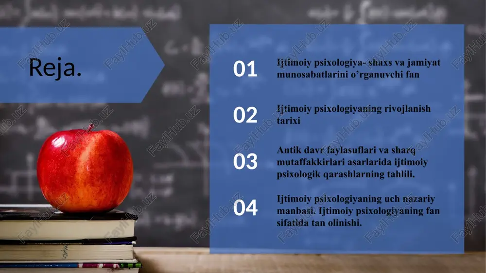 imple powerpoint presentation rus sotsiologlari g.p.predvechniy va yu.a.sherkovinlarning "sotsial psixologiya" kitobida esa uning predmeti"... obʻektiv borliqning va unda roʻy beradigan hodisalarning psixika tomonidan oʻziga xos tarzda inʻikos etilishidir", — deb deb keltiriladi. text here text here text here 40% 30% 20% 10% ijtimoiy psixologiya fanining predmeti va vazifalari. hozirgi kunda ijtimoiy psixologiyaning predmetini quyidagicha ta’riflash mumkin: ijtimoiy psixologiya – odamlarning jamiyatda hamkorlikdagi ish faoliyatlari jarayoni davomida ularda hosil bo‘ladigan tasavvurlar, fikrlar, e’tiqodlar, g‘oyalar, his-tuyg‘ular, kechinmalar, turli xulq-atvor shakllarini tushuntishtirib beruvchi fandir ijtimoiy psixologiyaning mavzu bahsini ta’riflashga aynan psixologik yondashuv a.v.petrovskiy va v.v.shpalinskiylarning «jamoaning ijtimoiy psixologiyasi» kitoblarida bayon etilgan. bu mualliflarning fikricha, «ijtimoiy psixologiya — psixologiya fanining shunday tarmog‘iki, u turli uyushgan va uyushmagan guruhlardagi odamlarning muloqati, o‘zaro ta’sir va munosabatlaridan kelib chiqadigan psixik hodisalarni o‘rganadi." ijtimoiy psixologiya – odamlarning hamkorlikdagi ish faoliyatlari jarayoni davomida ularda hosil bo’ladigan tasavvurlar, fikrlar, e’tiqodlar, g’oyalar, his-tuyg’ular, kechinmalar, turli xulq-atvor shakllarini tushuntirib beruvchi fan hisoblanadi. …