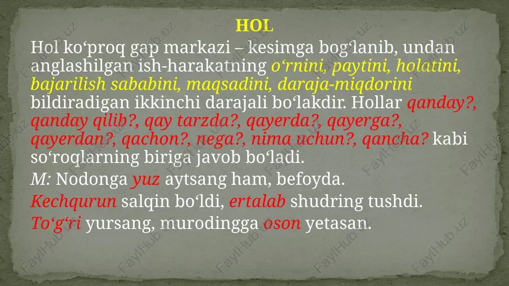 po‘latjon juda erta uyg‘ondi. ravish holi ish-harakatning qay tarzda bajarilganligini bildirib, qanday?, qanday qilib?, qanday ahvolda?, qay tarzda? kabi so‘roqlarga javob bo‘lgan hol ravish holi deyiladi. ravish (tarz) holi ravish, fe’l va ko‘makchili otlar bilan ifodalanadi. ravish holi kesimga bitishuv yo‘li bilan bog‘lanadi. demak, u ko‘pincha o‘zi ergashgan so‘zdan oldin keladi. m: u o‘ychan ko‘zlari bilan botirga qarab sekin gapirdi. yig‘lab-yig‘lab marza olsang, o‘ynab-o‘ynab sug‘orasan. eslatma: ko‘makchilar yordamida shakllangan vositali to‘ldiruvchilar bilan xuddi shu ko‘rinishda shakllangan ravish hollari savollariga qarab farqlanadi. m: paxta mashina bilan terildi. (nima bilan? to‘ldiruvchi). paxta havas bilan terildi. (qay tarzda? ravish holi) daraja – miqdor holi ish-harakatning miqdorini va darajasini bildirib, qancha?, nechta?, necha marta?, qay darajada? so‘roqlaridan biriga javob bo‘lgan hol daraja-miqdor holi deyiladi. daraja-miqdor hollari sonlar bilan, miqdor ravishlari bilan, marta so‘zi qatnashgan birikmalar bilan ifodalanadi. m: ko‘p so‘zlama, oz so‘zla, oz so‘zlasang ham, soz so‘zla. hozirgacha g‘o‘za uch marta chopiq qilindi. umringda …